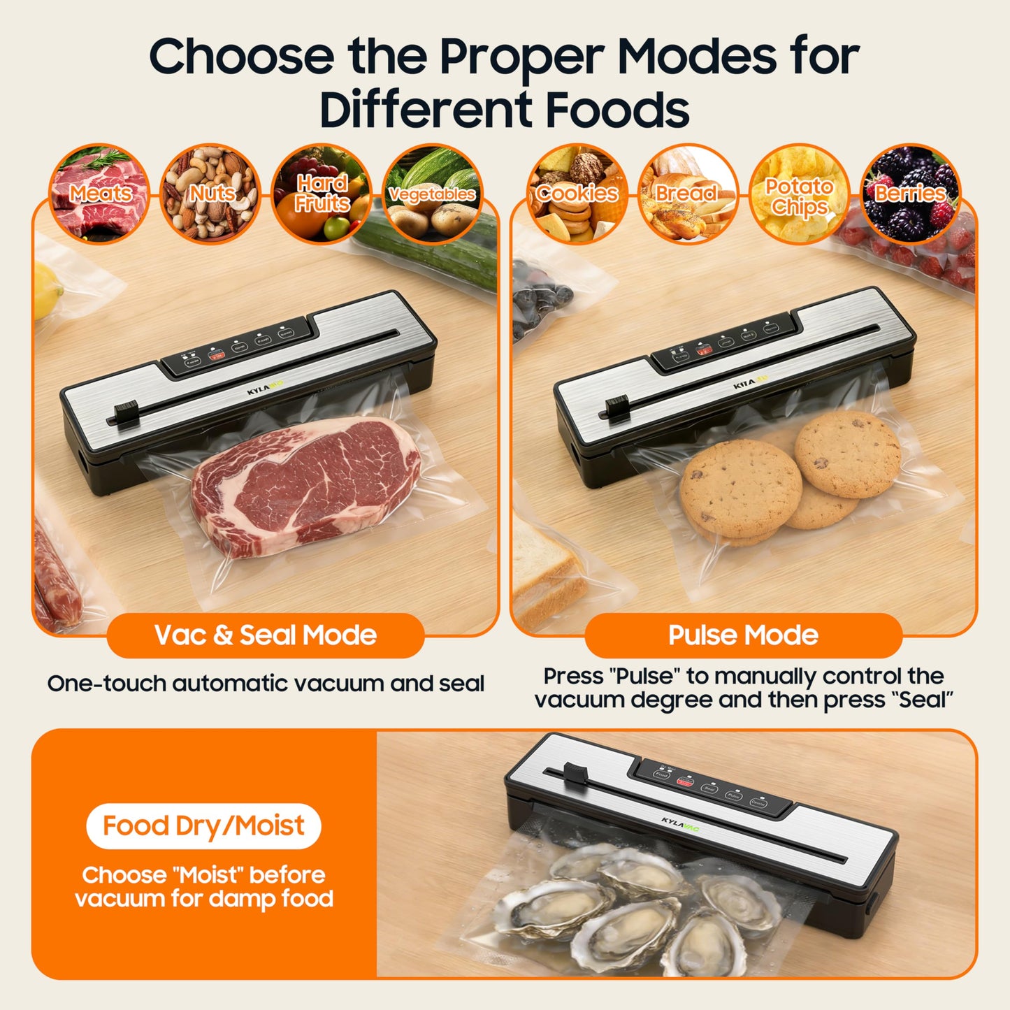 Food Vacuum Sealer Machine 80KPA Powerful Suction 6-in-1 Multifunctional Fast Compact Vacuum Sealer for Kitchen Storage with Dry/Moist Modes & Tube Accessories, Built-in Cutter + Bags