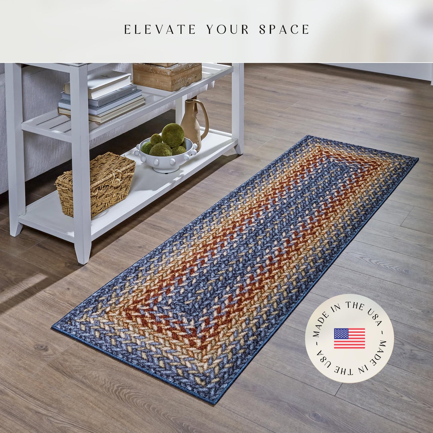 Maples Rugs Marion Bohemian Braid Design Print Runner Rug – Made in USA – Washable,Non Slip Indoor Carpet for Hallway,Kitchen, and Laundry Room, 2' x 6',Multi-Color