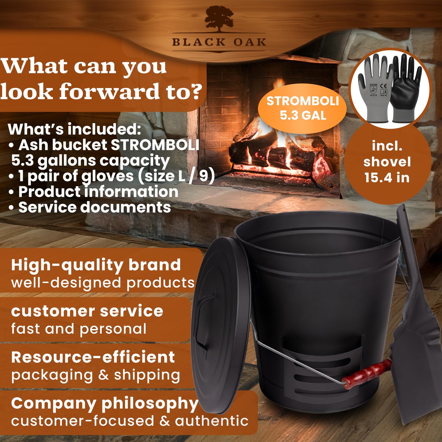 BLACK OAK Ash Bucket Stromboli 5.3 GAL โBlack with lid, Shovel & Gloves โSilver Handle โLarge 20L, Fireproof Galvanized Steel & Powder-Coated, ash & Coal, Fireplace, Tiled Stove, Wood-Burning Stove