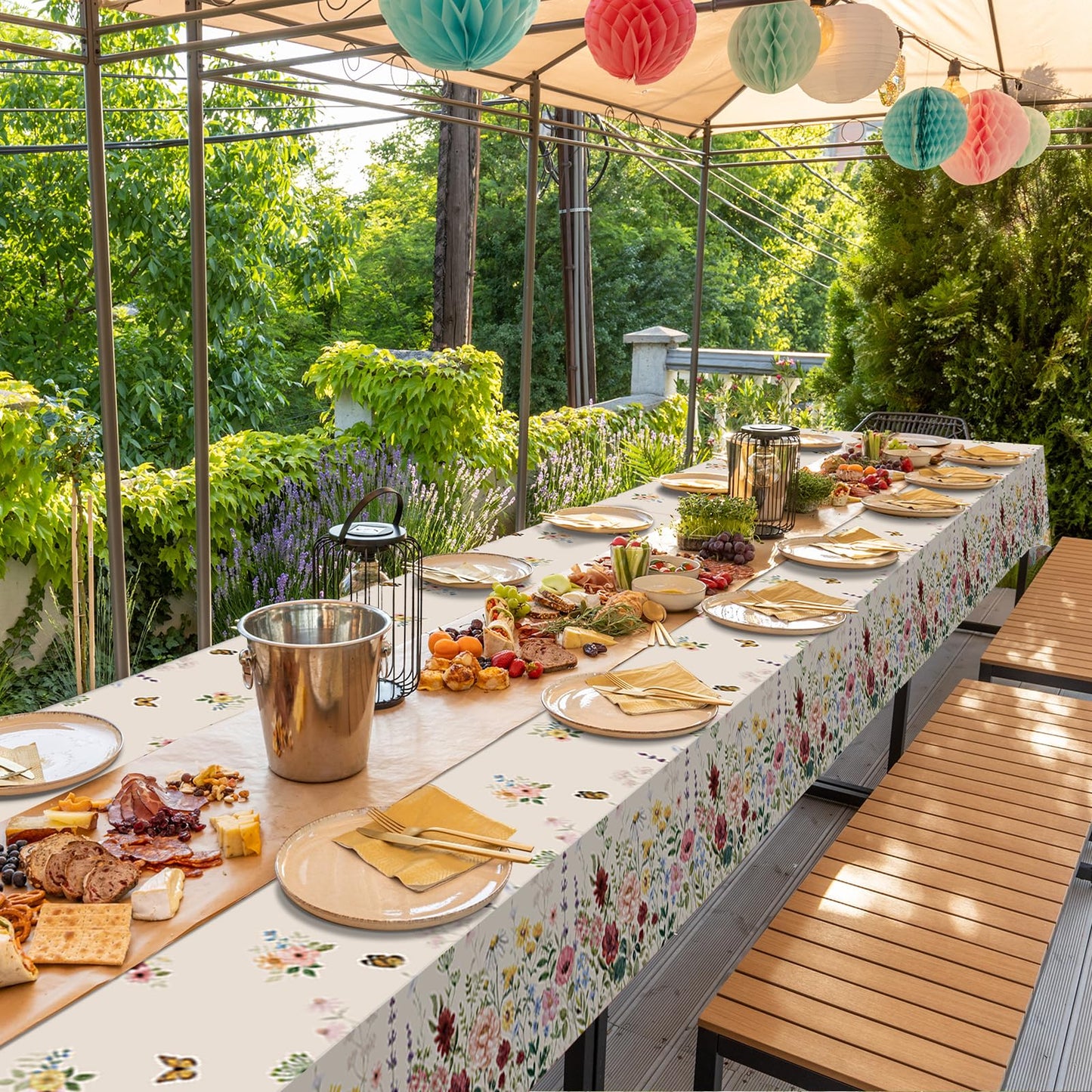 12 Pcs Spring Floral Tablecloth, Butterfly Wildflower Plastic Disposable Tablecloth Rectangle Table Covers for Easter, Birthday, Wedding, Mothers Day Tea Party Supplies and Decorations,54 x 108 Inch