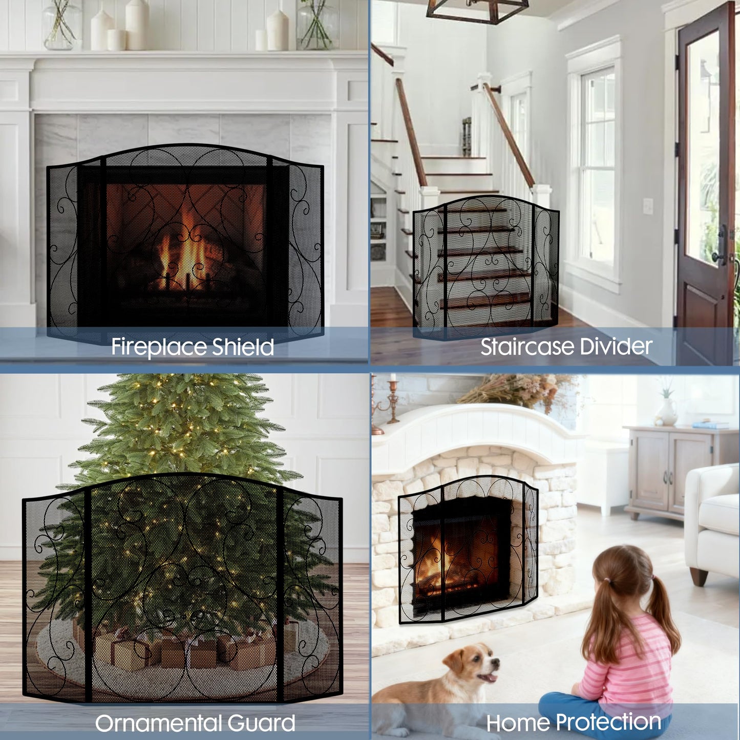 DUMOS 3 Panel Fireplace Screen with Hinged Doors, 51.2"(L) x 30.7"(H) Spark Guard Cover, Wrought Iron Metal Safety Gate for Fireplace and Living Room, Black