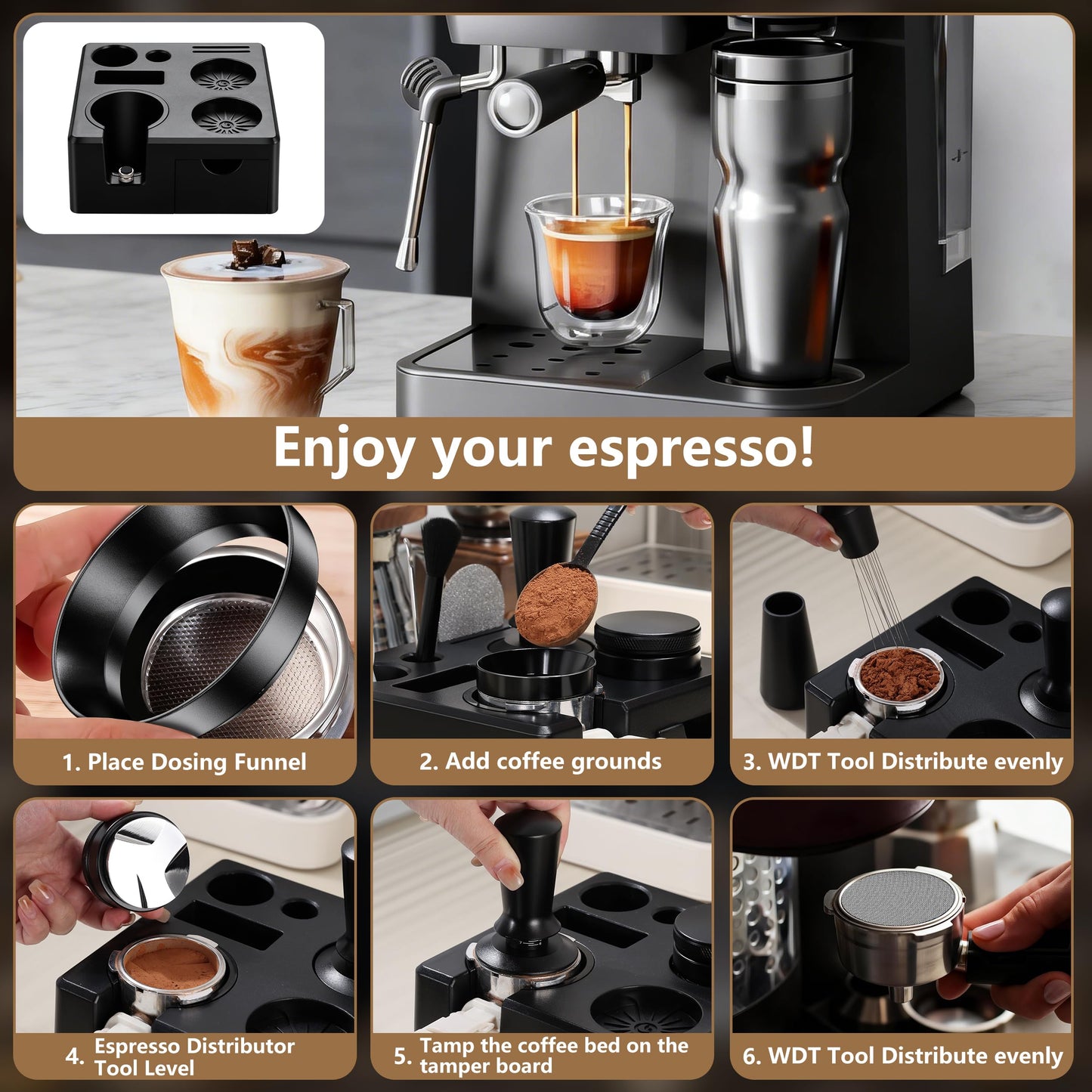9 Pack Espresso Accessories Kit(Square),54mm Espresso Tool Kit | Espresso Tamping Station | Coffee Distributor Tamper | WDT Tool | Dosing Funnel | Mother's Day Gift for Espresso Lovers