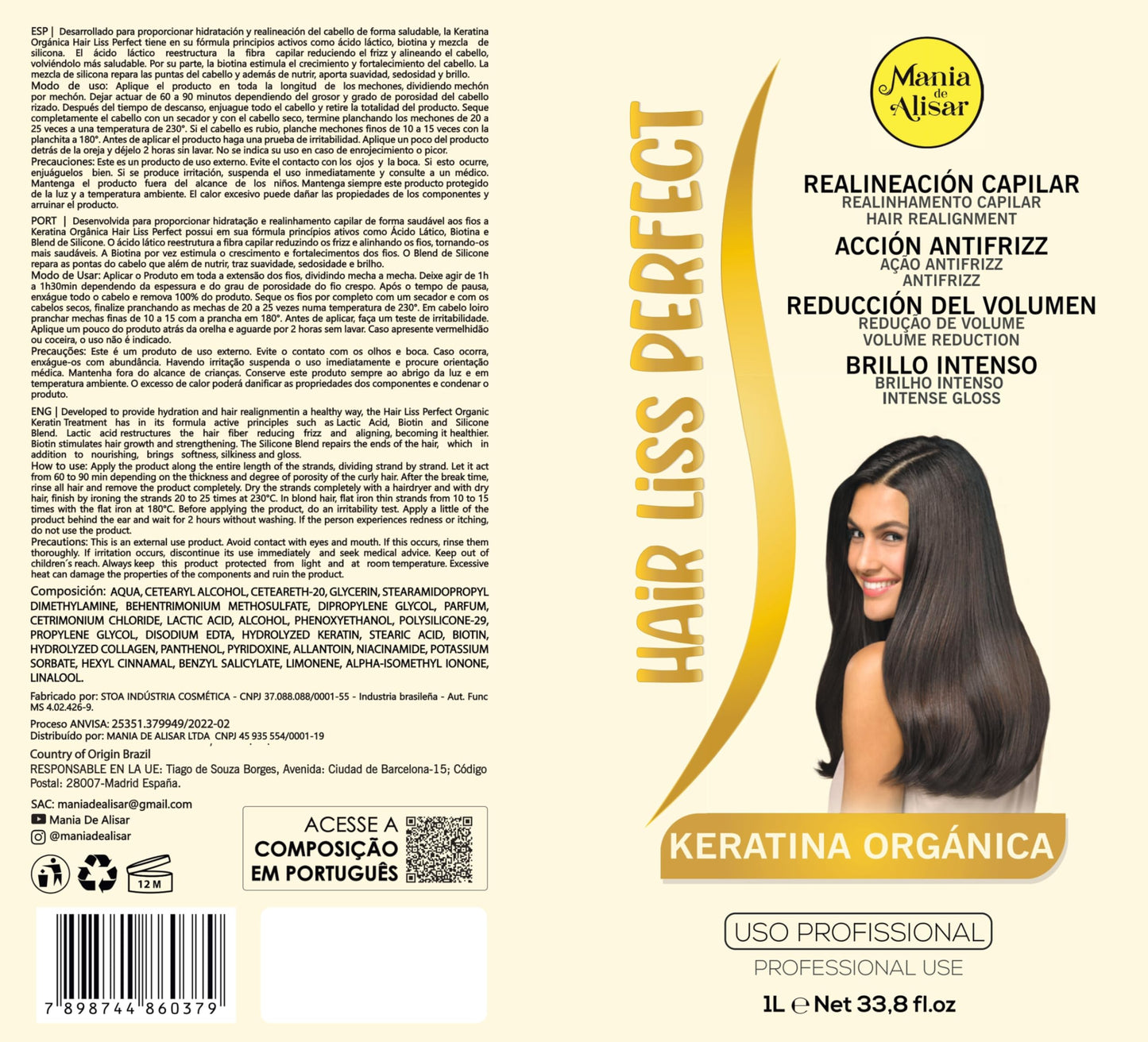 Mania de Alisar Brazilian Straightening Organic Keratin Straightening Progressive Brazilian Straightening keratina (1000 ml / 33,81 fl.oz)