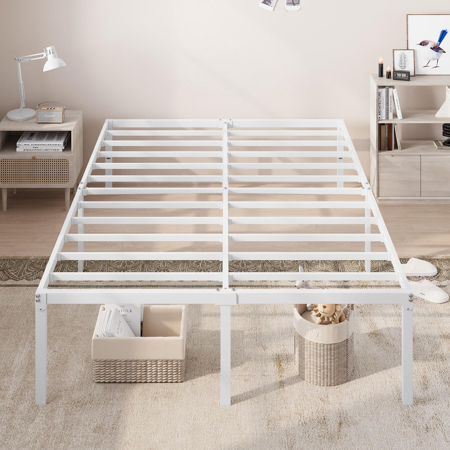 Allewie Full Size Bed Frame, 18 Inch Metal Platform Beds with Storage Space, No Box Spring Needed and Easy Assembly, White