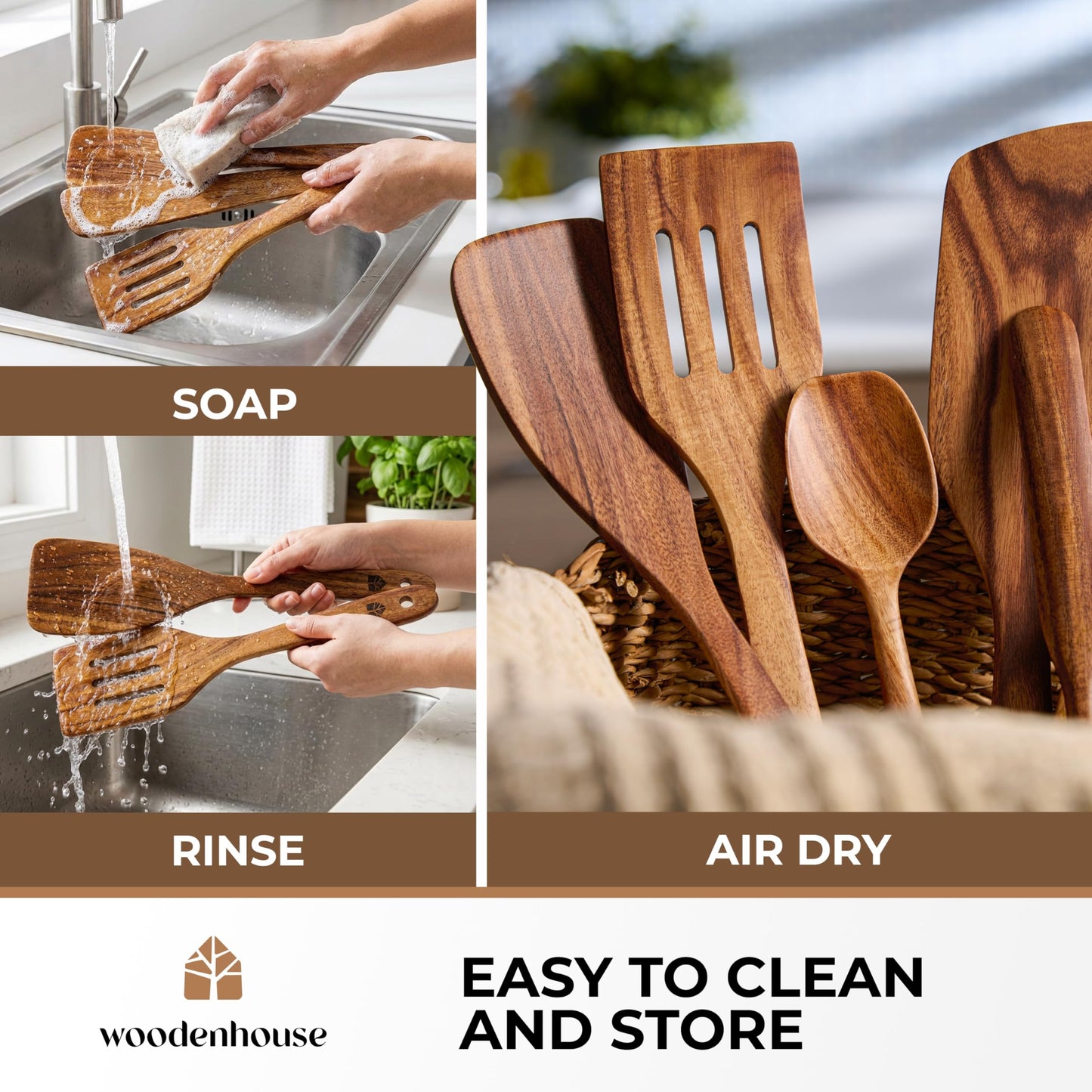 Wooden Spatula for Cooking - Non-Scratch, Sturdy, Natural Teak Cooking Utensils - Easy to Clean Wooden Spatula Set with Turner, Scraper, Slotted & Frying Wood Spatulas, Jar Scraper, Spoonula - 6 Pcs