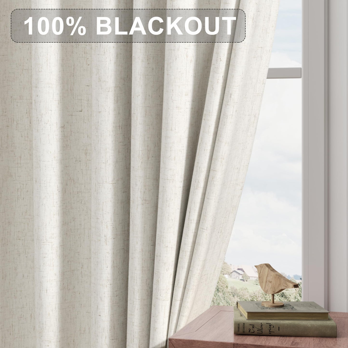 Joywell 100% Blackout Linen Curtains 84 Inch Long for Bedroom Natural Black Out Curtain Back Tab Hook Belt Room Darkening Drapes with Hooks for Living Room Window Cream Ivory 2 Panel,52 x 84