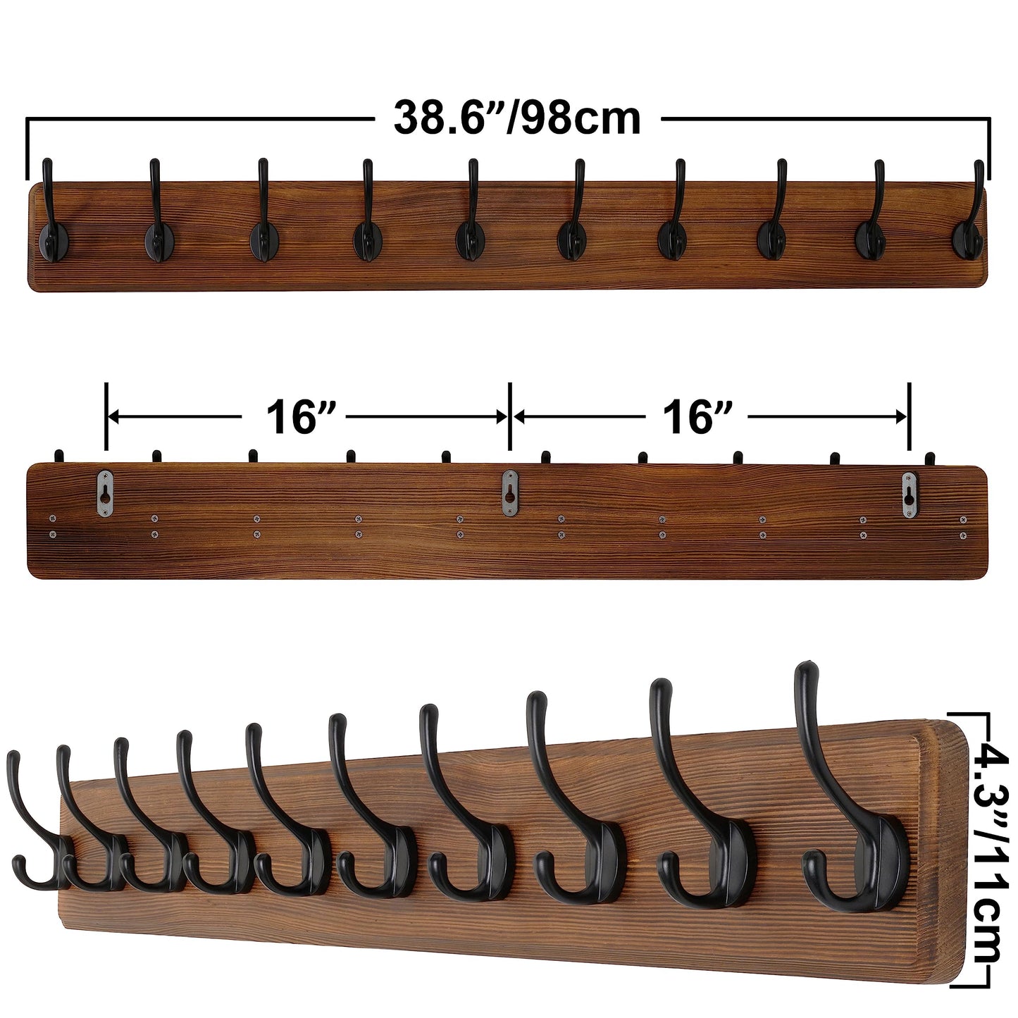 SKOLOO Farmhouse Style Wall Mounted Coat Rack, 38.6'' Pine Solid Wood Coat Hook Hanger - 10 Hooks for Hanging Clothes Robes Towels Coats