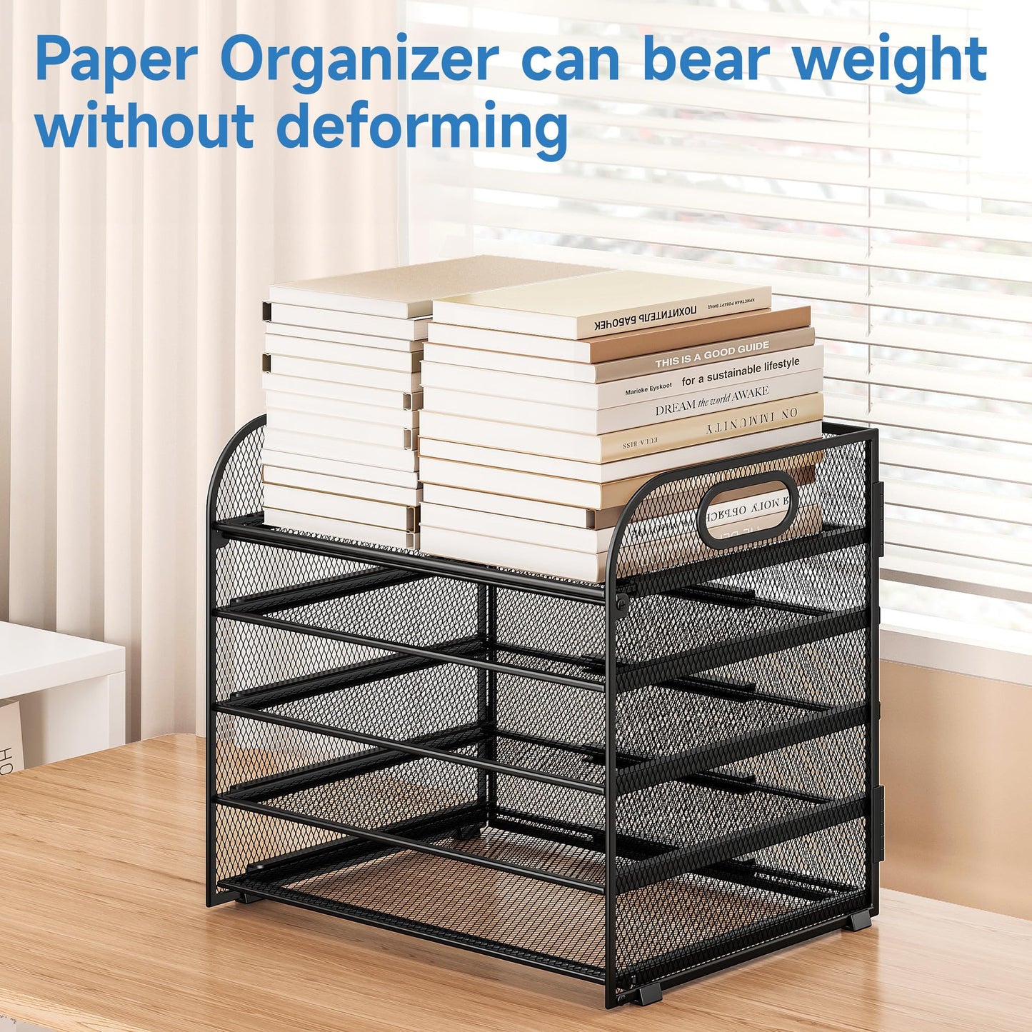 Kinkota Paper Organizer Letter Tray with Handle Mesh 5 Trays Desk File Organizer Paper Sorter Desk Organizer for Office, Home or School-Black 2 Pack