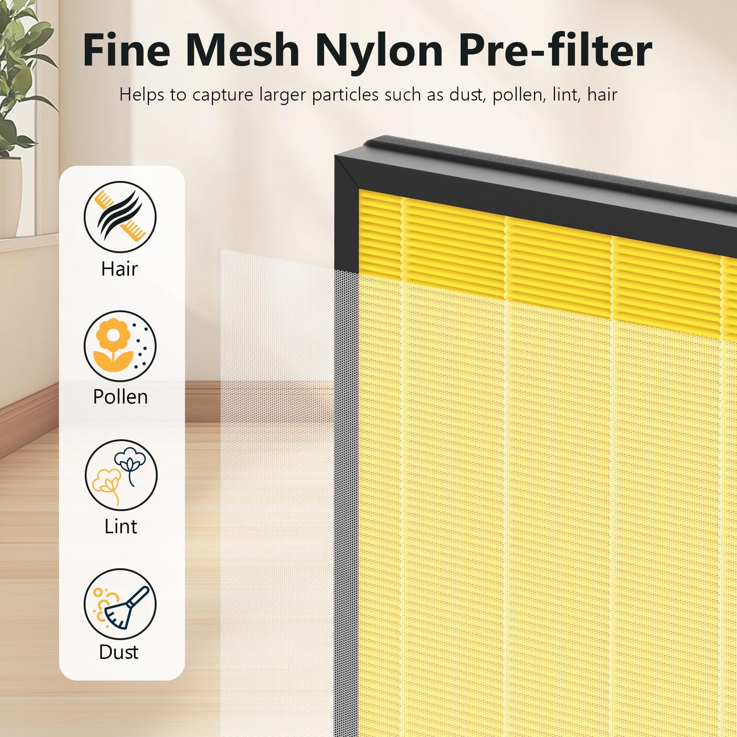 4 Packs PR1 Pet Mode Replacement Filter Compatible with MOOKA PR1 Air Purifier for Home Large Room up to 2200sq.ft, Absorb Pet Dander, Fur and Smoke with 8pcs pre-filters, Yellow
