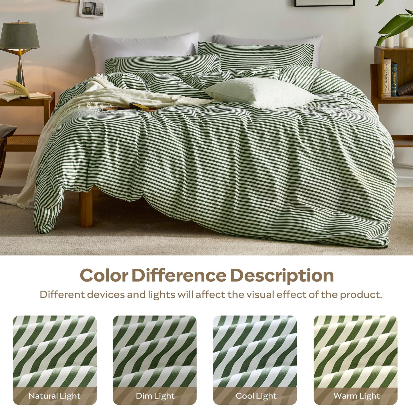 JELLYMONI 100% Natural Cotton 3pcs Striped Duvet Cover Sets,White with Green Stripes Pattern Printed Comforter Cover,with Zipper Closure & Corner Ties(Queen Size)