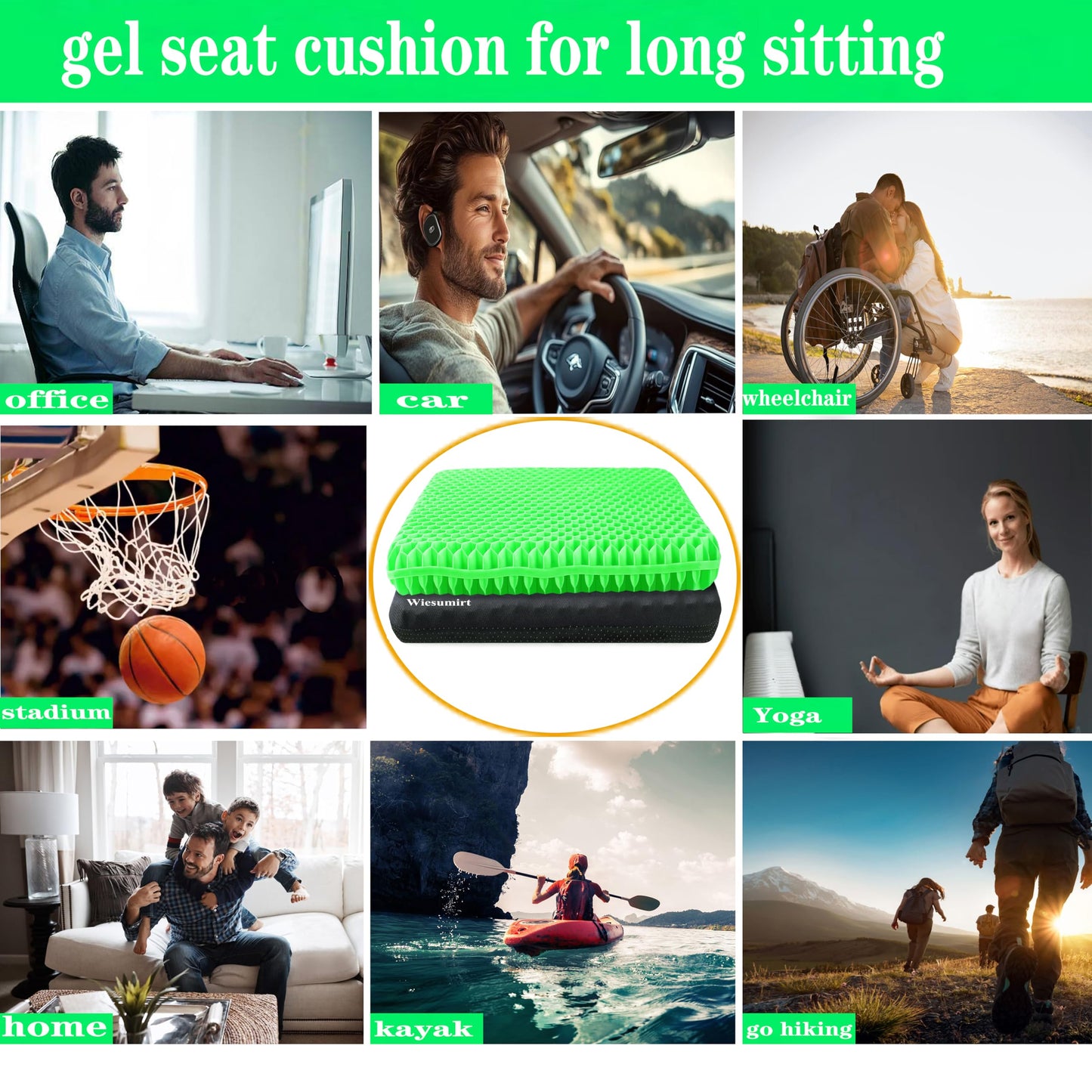 Plus Size Gel Seat Cushion for Long Sitting, Extra Large and Thick, Seat Cushion for Back, Hip, Sciatica, Tailbone Pain Relief, Used for Office, Wheelchair, Car, Recliner, Stadium, Kayka.(Grass Green)