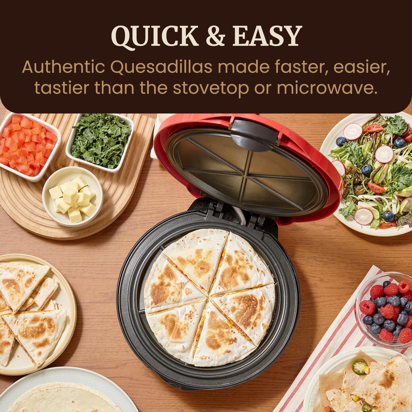 Elite Gourmet 11" Cheesy Quesadilla Maker, 2-Position Locking Latch For Extra Stuffing, Easy-Slice 6-Wedge, Red