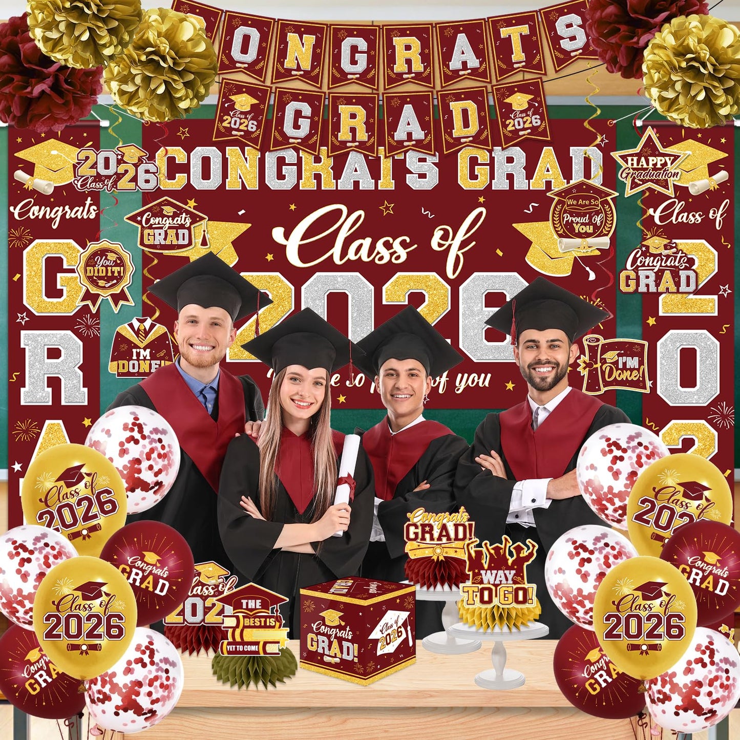 Graduation Decorations Class of 2026 Maroon and Gold Graduation Decorations with Congrats Grad Banner,Backdrop,Porch Sign,Balloons,Hanging Swirls,Honeycomb Centerpieces,Box for Graduation Party Decor