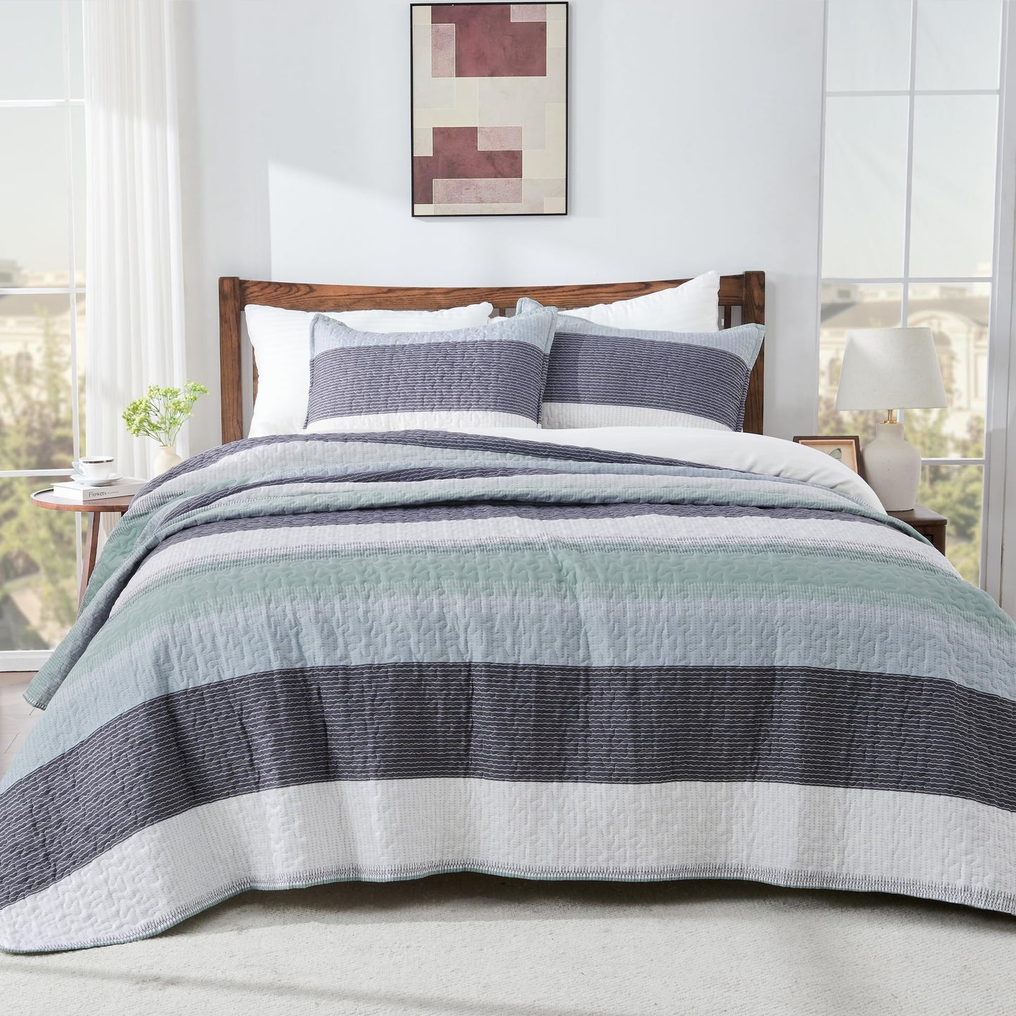 Andency Stripe Quilt Set Cal King(104x112 Inch), 3 Pieces (1 Striped Quilt and 2 Pillowcases) Patchwork Bedspread Coverlet Set, Lightweight Soft Quilted Bedding Set