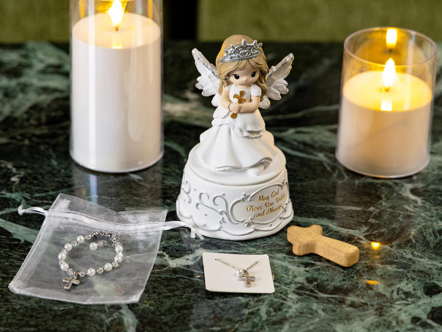 Gleemoria First Communion Gifts for Girls – Baptism & Confirmation Gifts for Teen Girls, Angel Figurine with Keepsake Box, Cross Necklace for Girls & Adjustable Bracelet & Wood Cross
