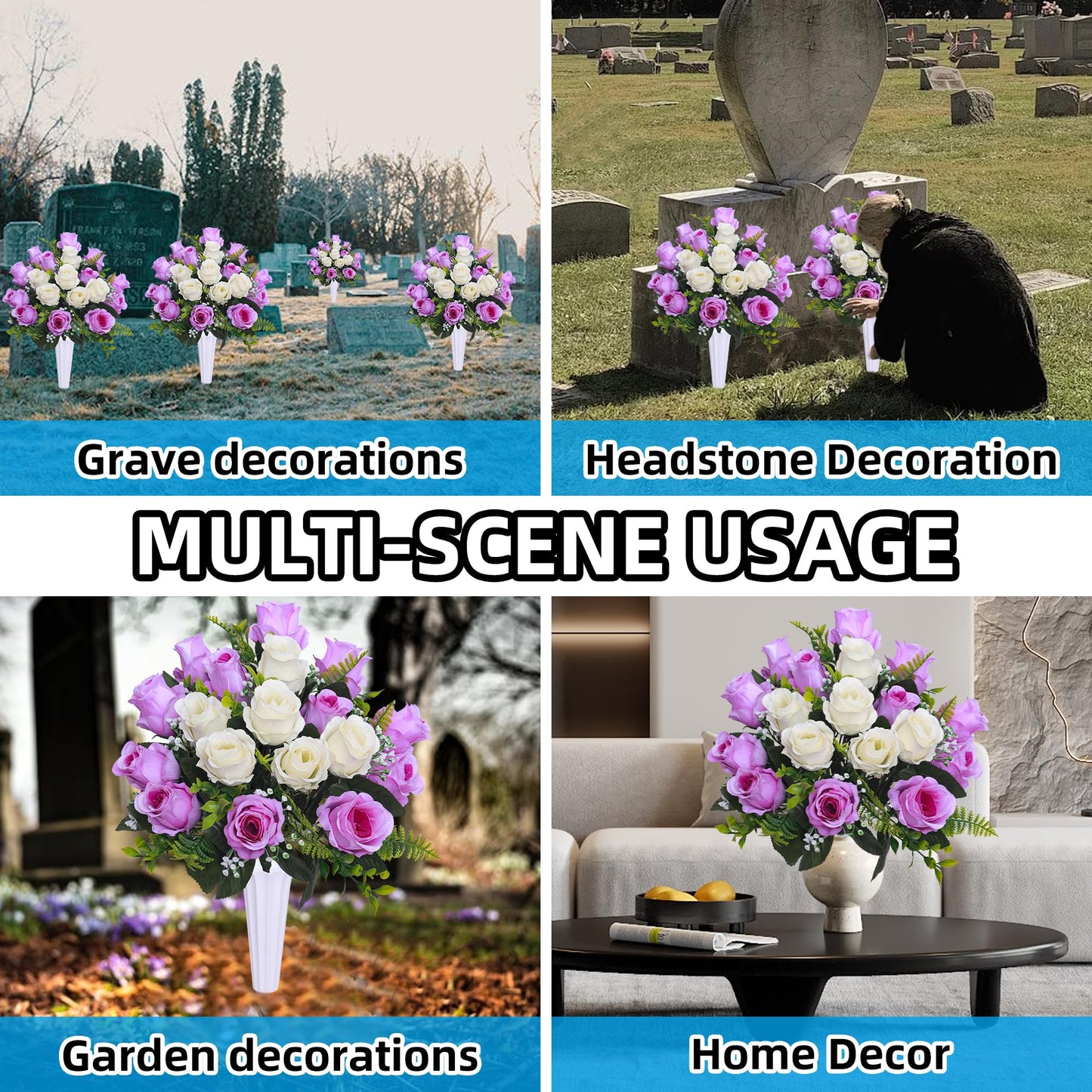 Hibsotco Set of 2 Artificial Cemetery Flowers with Vase,Grave Memorial Flowers,Artificial Rose Bouquet Decoration for Cemetery Headstones Gravesites (White with Purple, 2 Bouquets)