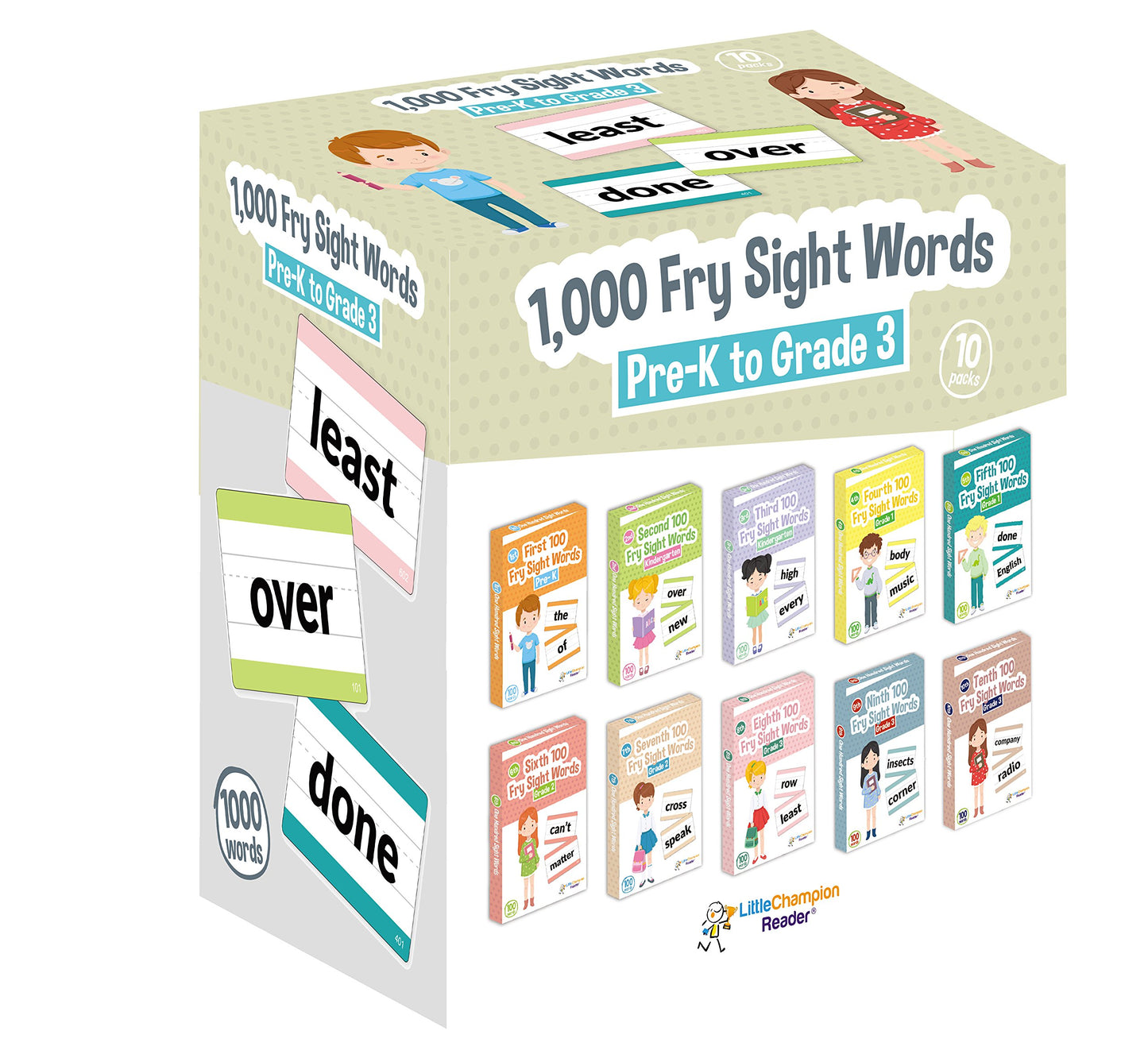 1,000 Sight Fry Dolch Word-List Flashcards in 10-Pack Bundle Set, Pre-K to 3rd Grade, Teaches 1,000 Dolch Fry High-Frequency Sight Words