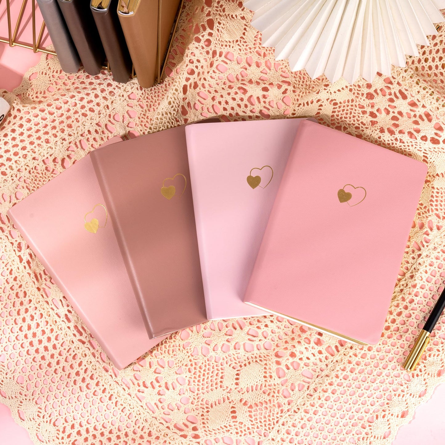 CAGIE 4 Pack Lined Journal Notebook for Women and Girls 256 Pages Cute Diary with Heart-Shaped Leather Journals for Writing A5 Soft Cover Notebooks for Work School, Pink
