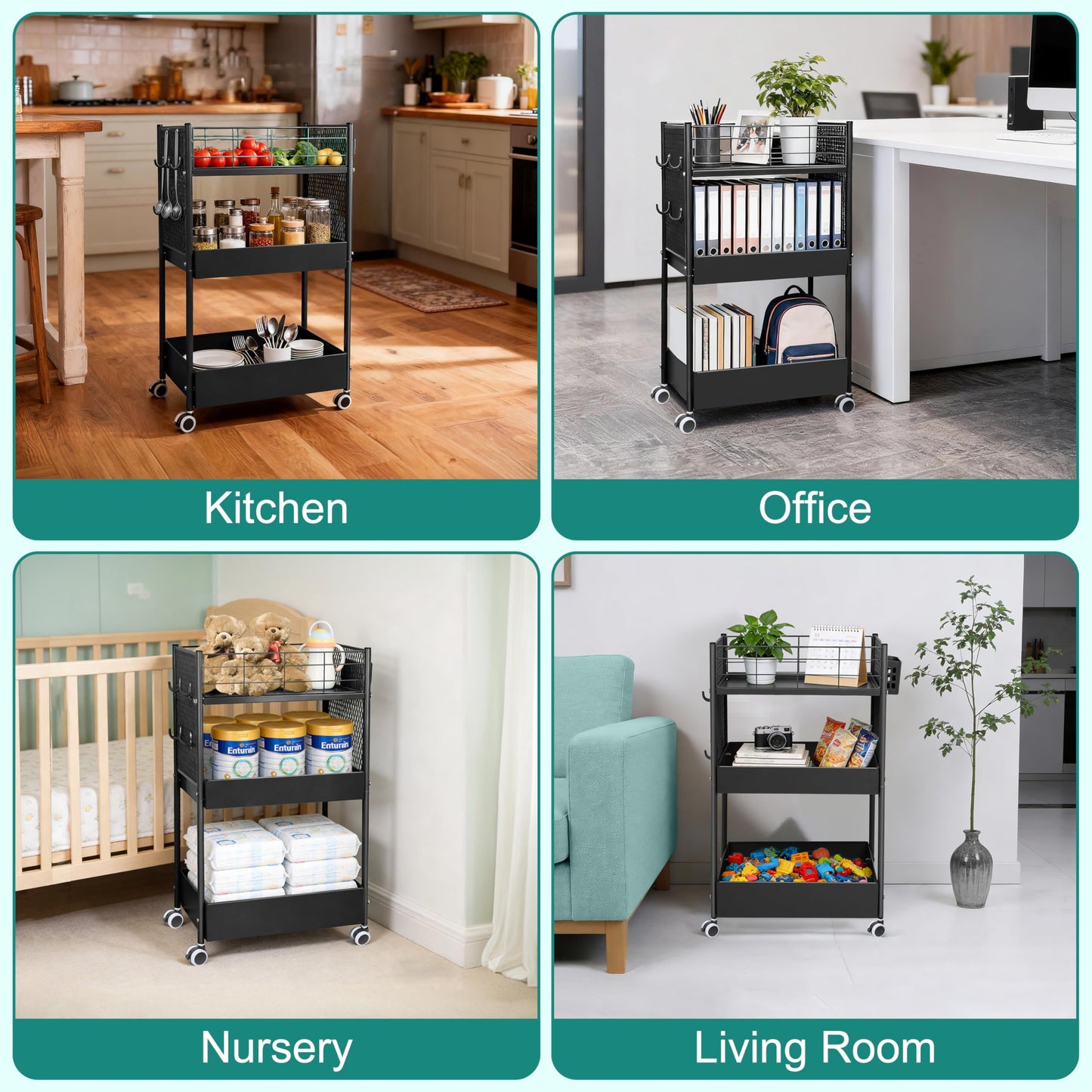 3-Tier Rolling Storage Cart Metal Utility Cart with Wheels, Office Organizer with Hanging Cups, Hooks, Book Snack Craft Mobile Shelving Unit for Office Kitchen Nursery