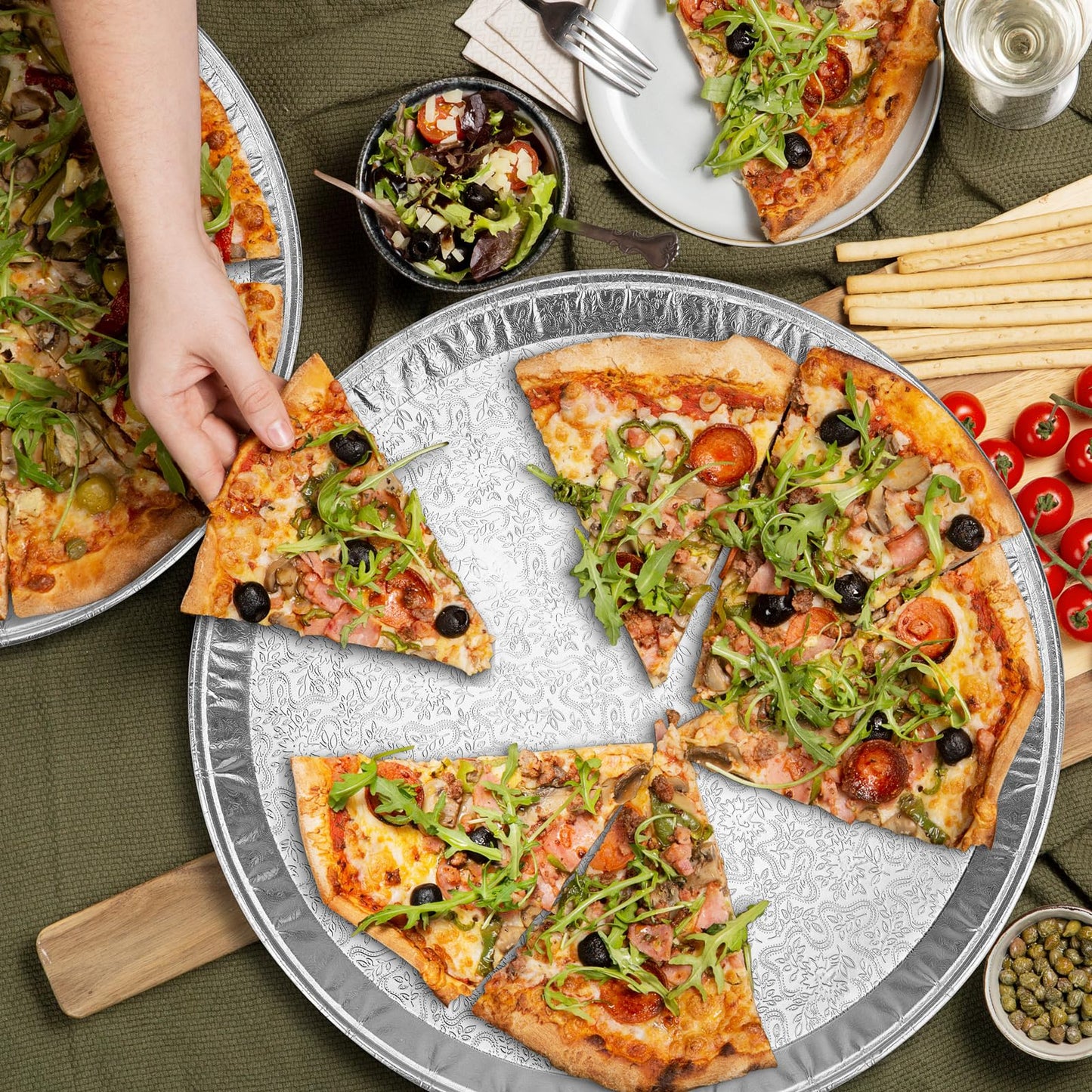 Roponan 15 Pack Serving Platters 16”, Large Disposable Aluminium Foil Serving Trays for Parties, Silver Embossed Foil Serving Dishes/Plates for Vegetable, Fruit, Slices of Cake, Cookies