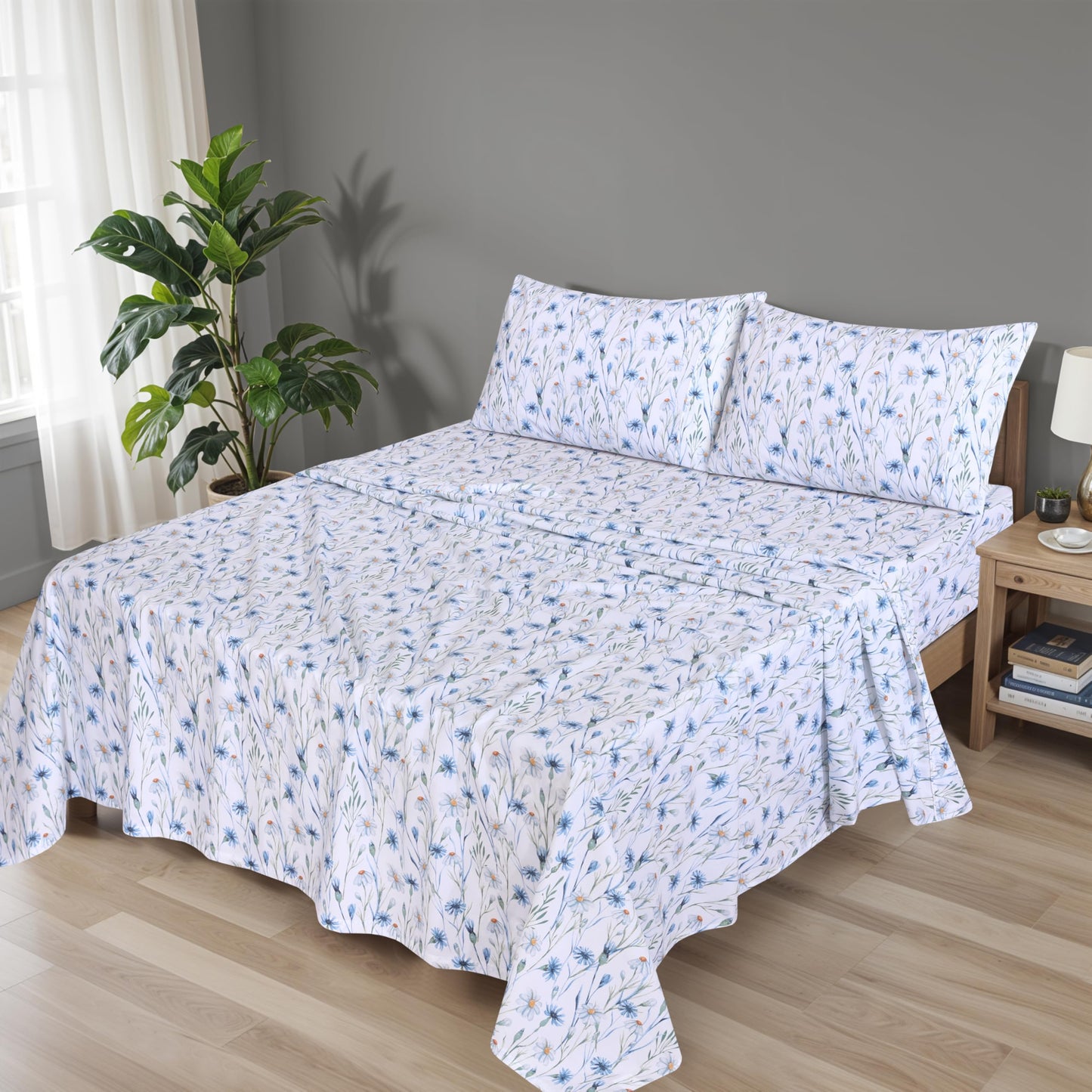 RUVANTI 100% Cotton Organic Percale Sheets Queen Size – Crisp Cooling Bed Sheets for Hot Sleepers, Deep Pocket 15”, Soft Peach Finish, Breathable & Durable Hotel-Style 4 Pcs, Daisy Bud