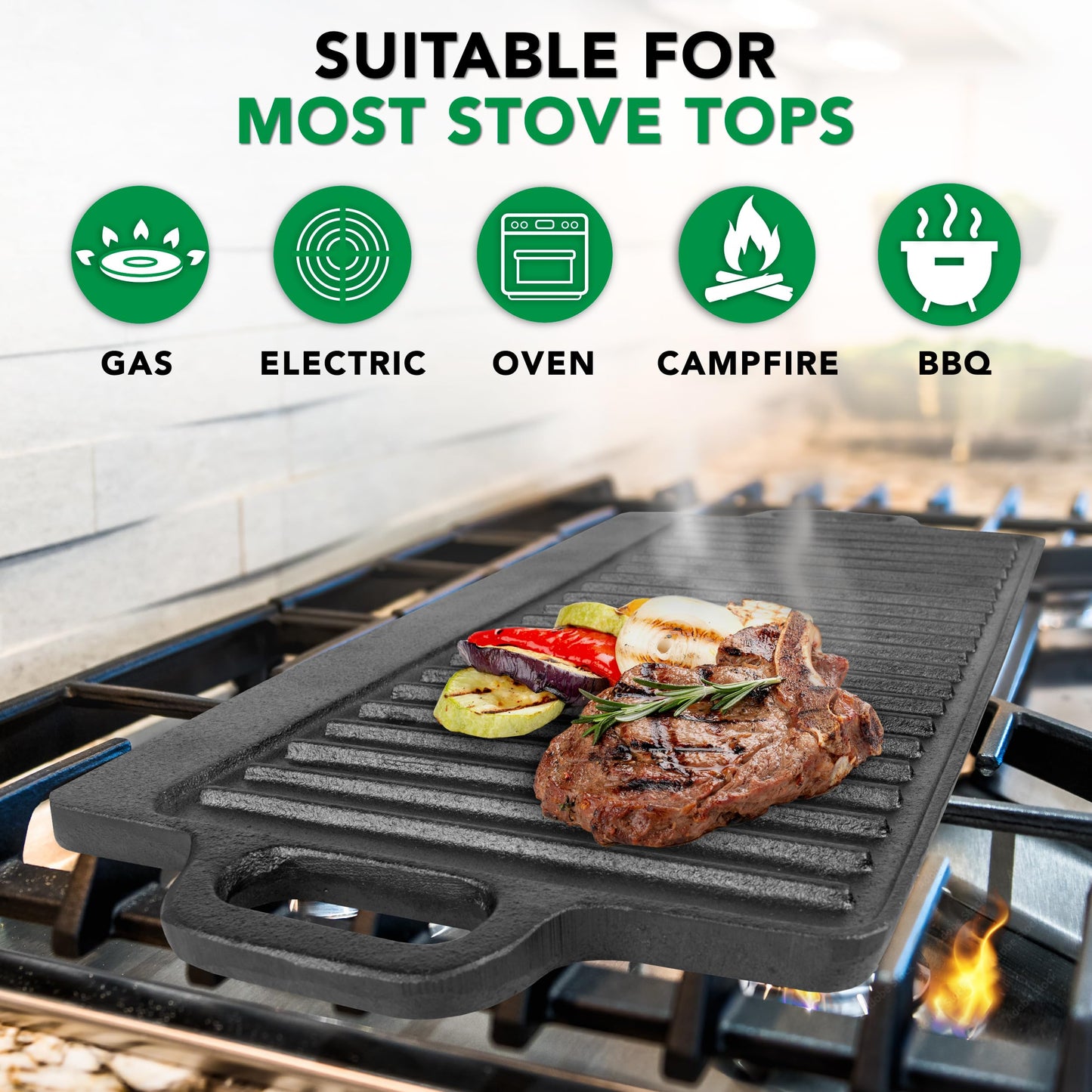 ProSource 2-in-1 Reversible 19.5” x 9” Cast Iron Griddle with Handles, Preseasoned & Non-Stick for Gas Stovetop, Oven and Open Fire.