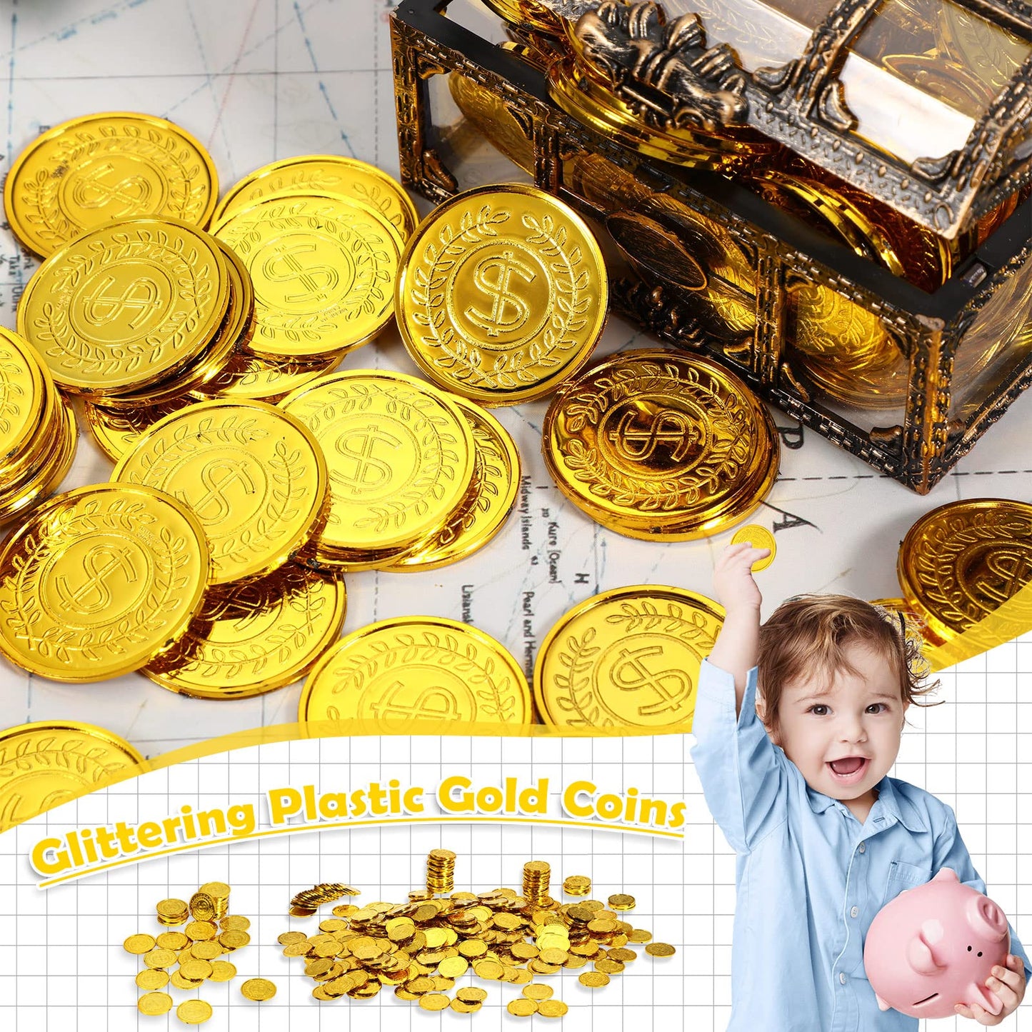 1000 Pcs Pirate Gold Coins Plastic Treasure Play Toy Coins Fake St. Patricks Doubloon for Pirate Party Favors Supplies Treasure Hunt Game Teachers Classroom Reward