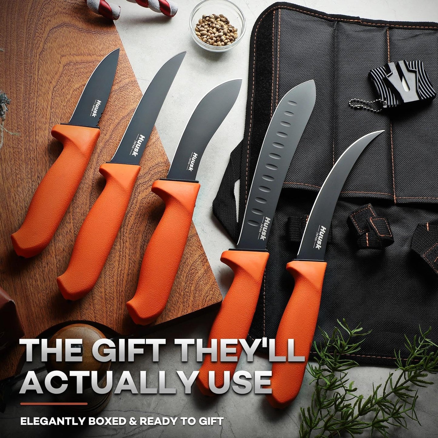 Huusk 5pcs Butcher Knife Set - Professional Meat Processing Kit with Non-Slip Orange Handle, German Stainless Steel Granton Butcher, Skinning, Curved Boning, Caping Knife with Roll Bag Gift for Men