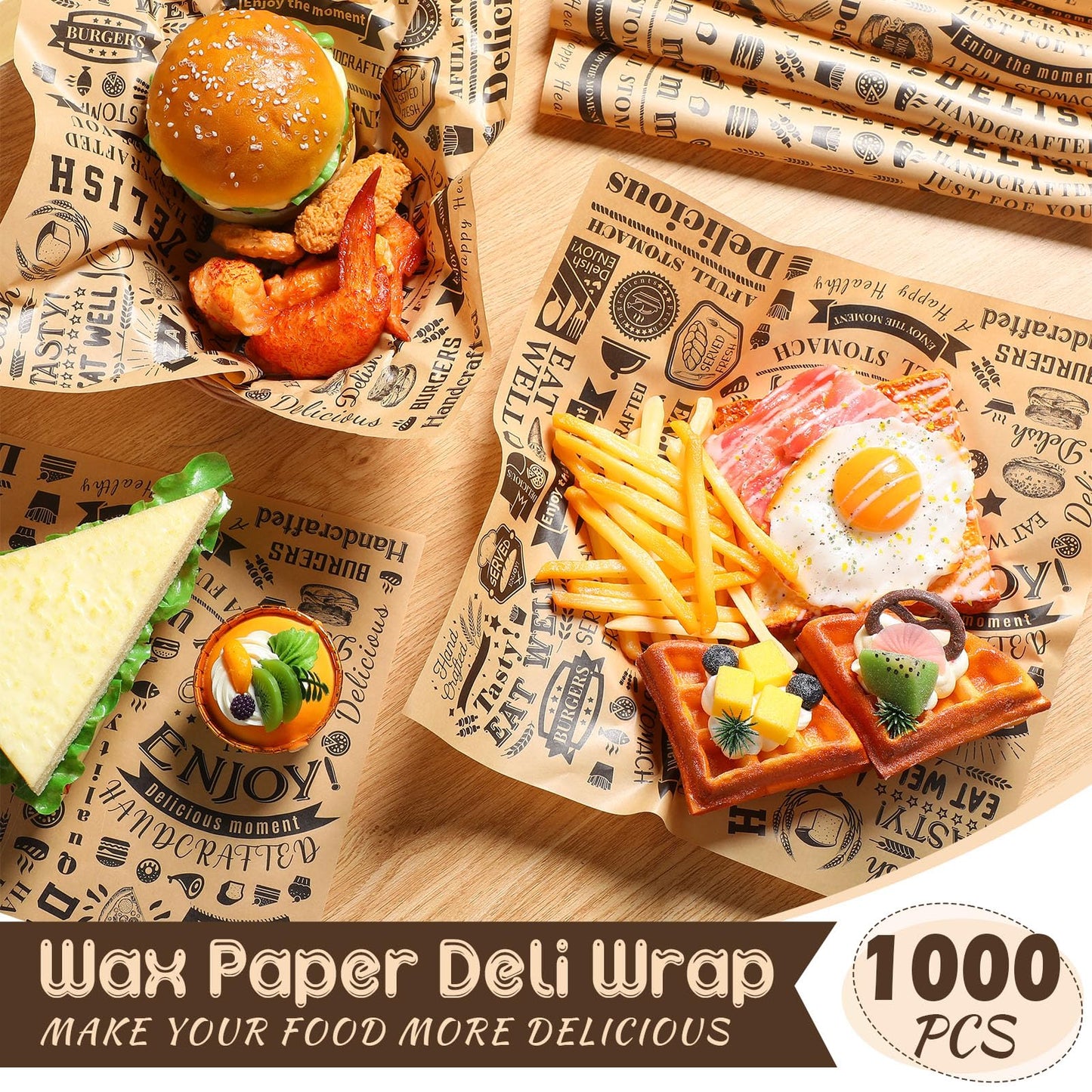 1000 Pcs 12 x 12 Inch Deli Wax Paper Sheets Grease Resistant Tray Basket Liners Newsprint Paper Water and Grease Proof Sandwich Wrapping Square Hot Dog Wrappers for Food Baking (Brown)