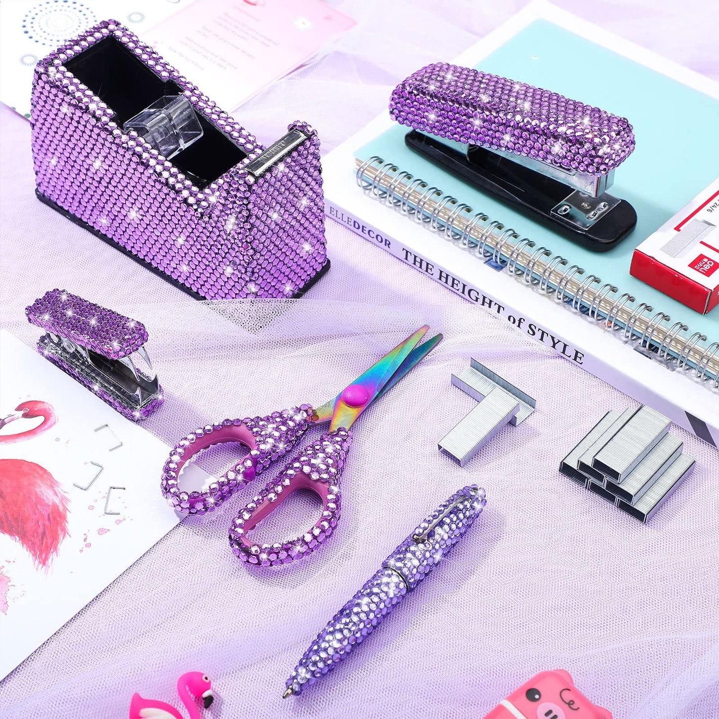 Yunlly 6 Pack Bling Office Stationery Set Desk Accessory Office Set Includes Pen Scissor Stapler Staple Remover 1000 Pcs Staples Tape Dispenser with Diamond Inlay for Home Desk(Purple)