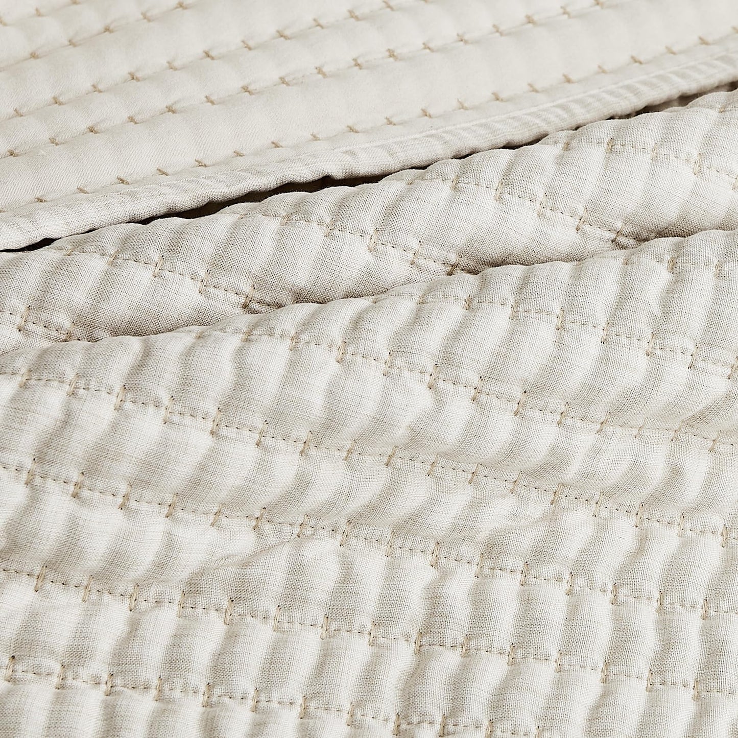 WDCOZY Beige Pick Stitch King Size Quilt Set, Striped Lightweight Soft Summer Spring Bedspread, Bamboo Linen Like Textured Coverlet, Chambray Farmhouse Country Rustic Bedding, Netural Thin Comforter