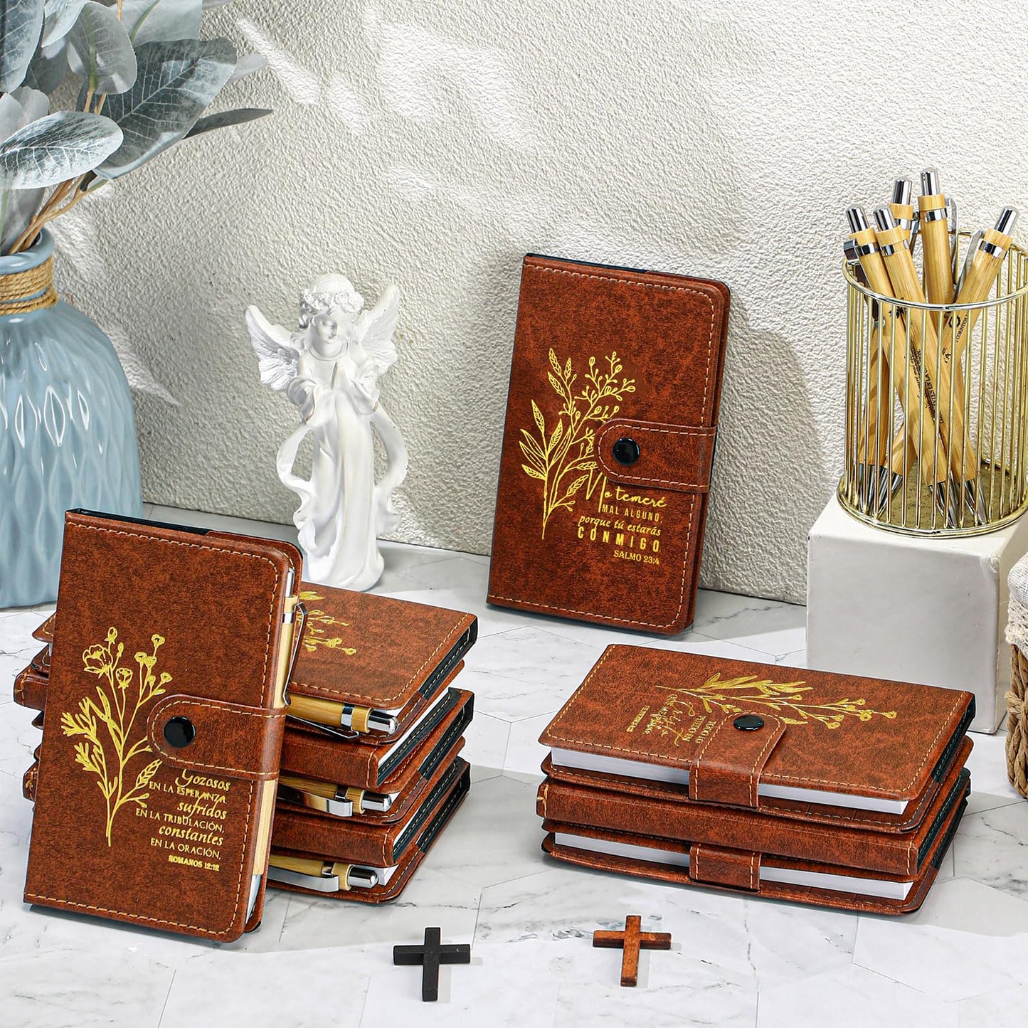 Spakon 60 Pcs Father's Day Christian Gifts Bulk Leather Prayer Journal Religious Scripture Notebook with Bible Verse Pens for Graduation Coworker Women Men Church Members (Spanish Bible Words)