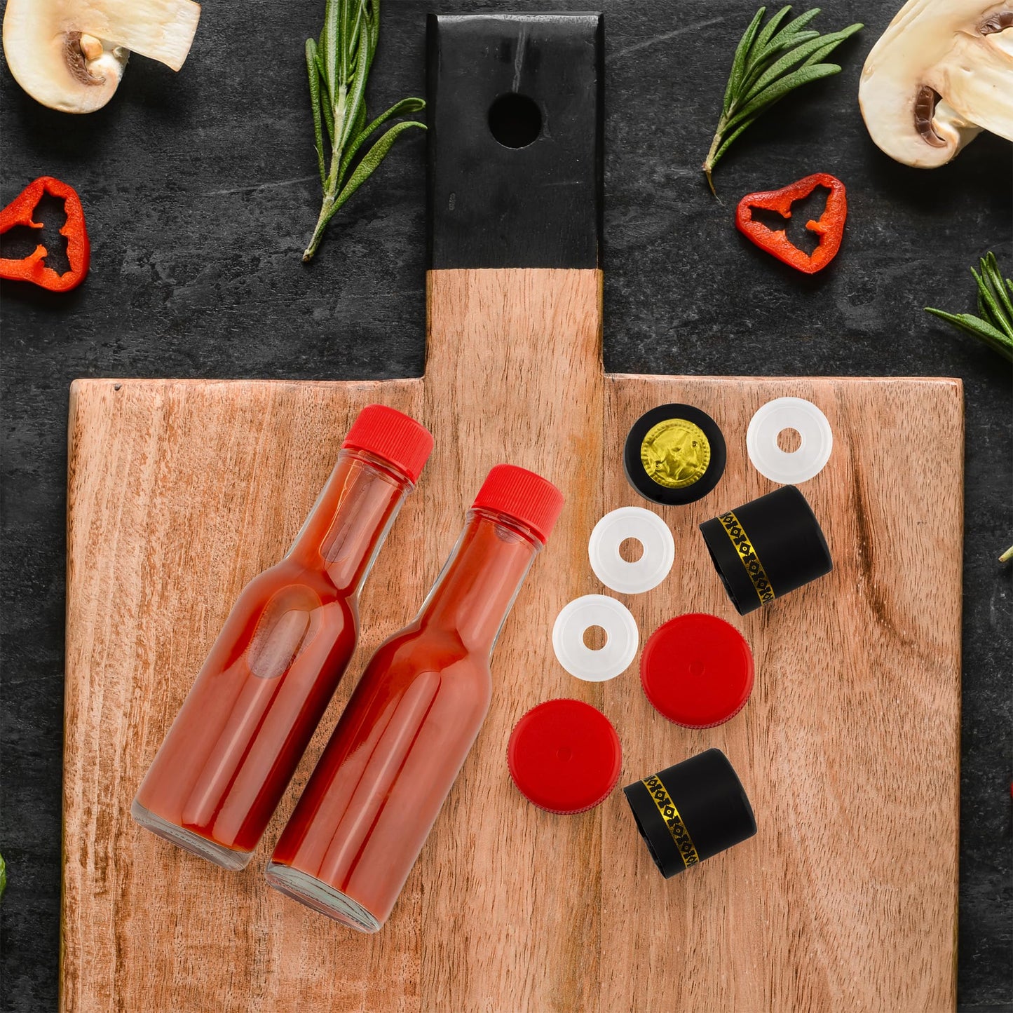 Cornucopia 3oz Mini Hot Sauce Bottles (24-Pack); Little Sauce Bottles w/Red Caps, Dripper Inserts, and Black Shrink Bands