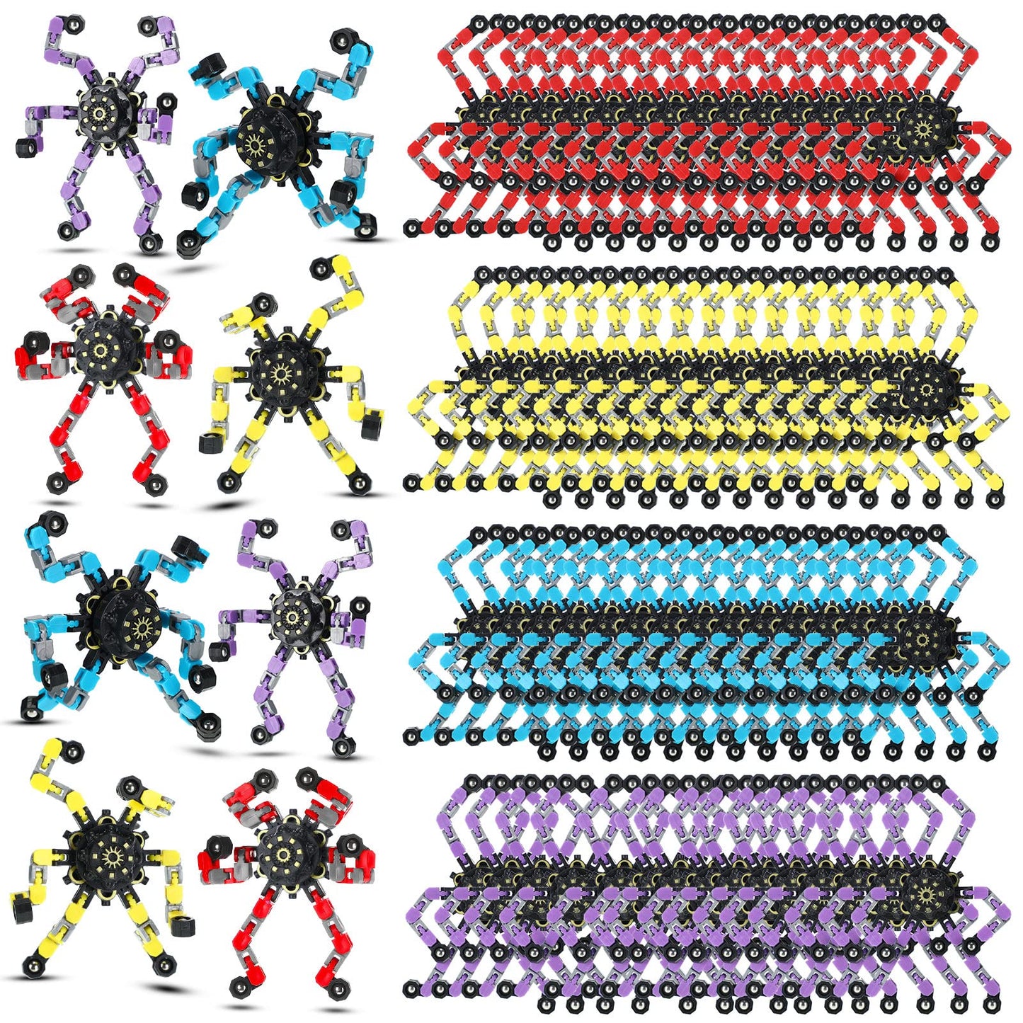100 Pcs Funny Sensory Fidget Toy Bulk Transformable Chain Robot Finger Toys Fidget Spinners Stress Relief Fingertip Gyro Deformable Mechanical Spiral Twister Spinner for Adult Kids ADHD(Classic)