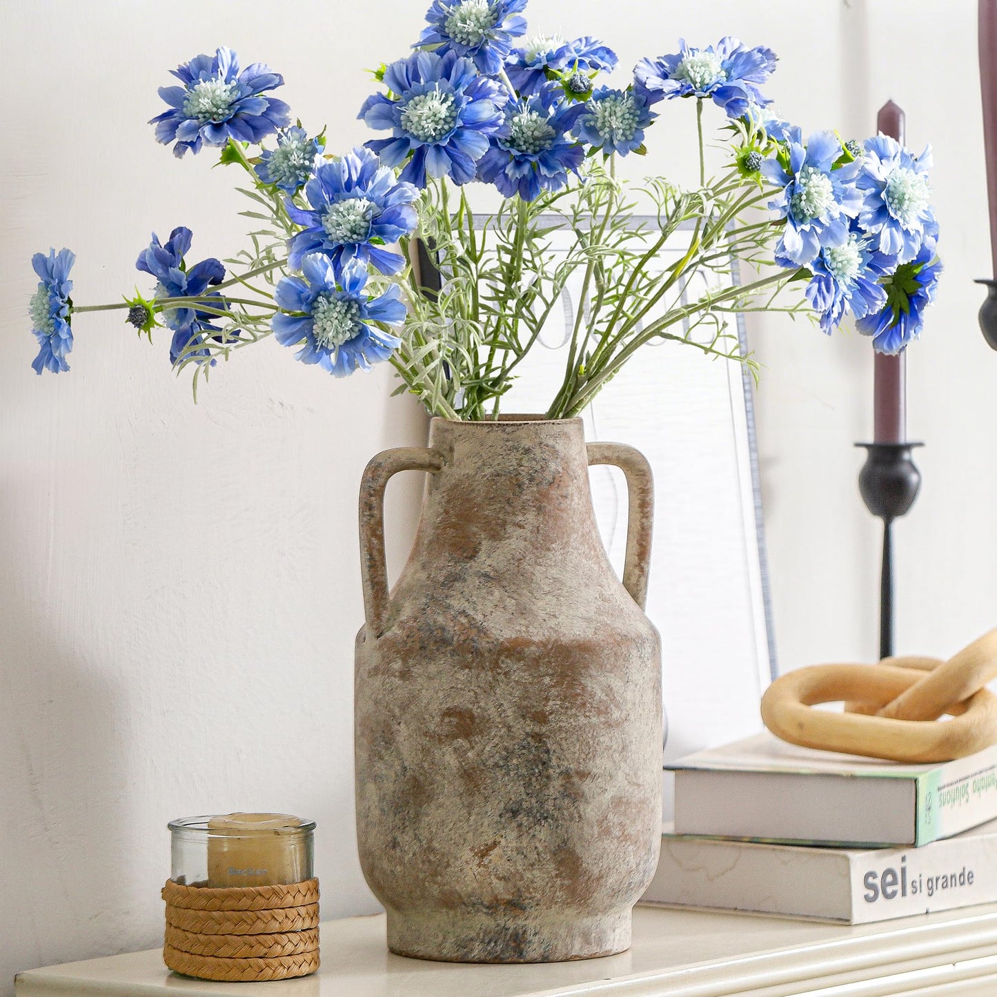 Mitt&Ditt Ceramic Flower Vase with Handles, 11 inch Tall Vase for Centerpieces, Large Decorative Terracotta Vases, Farmhouse Rustic Vases for Home Decor, Living Room, Table, Neutral