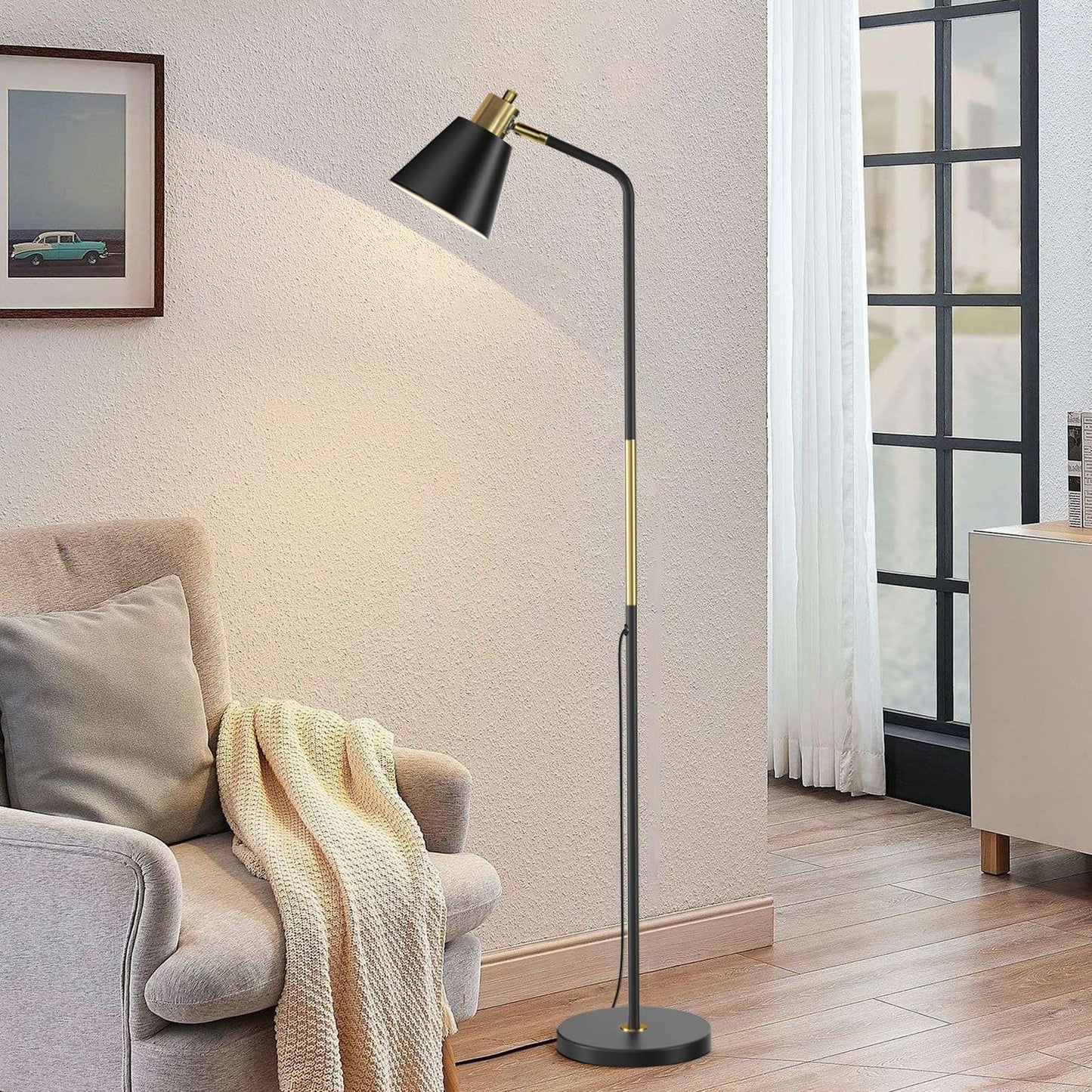 Industrial Floor Lamps for Living Rooms & Bedrooms - Rustic Farmhouse Reading Lamp - Standing, Adjustable Metal Heads Indoor Task Lighting for Living Room Bedroom Office Home Décor (Black-Large)