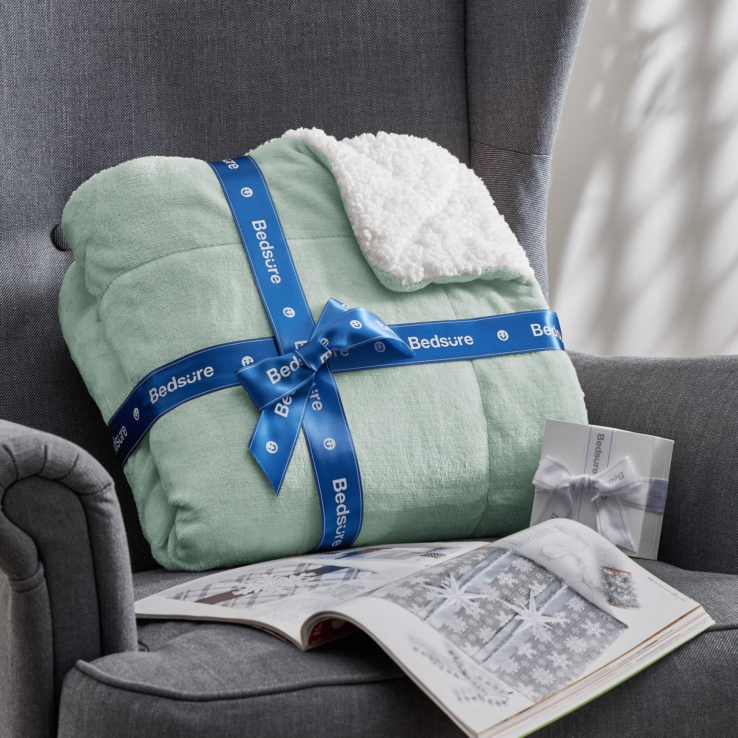Bedsure GentleSoft Sherpa Fleece Blanket Queen Size for Bed, Non-Heated, Thick and Warm Throw for Women and Men, Soft Fuzzy Plush Queen Blanket for Spring, Sage Green, 90x90 Inches