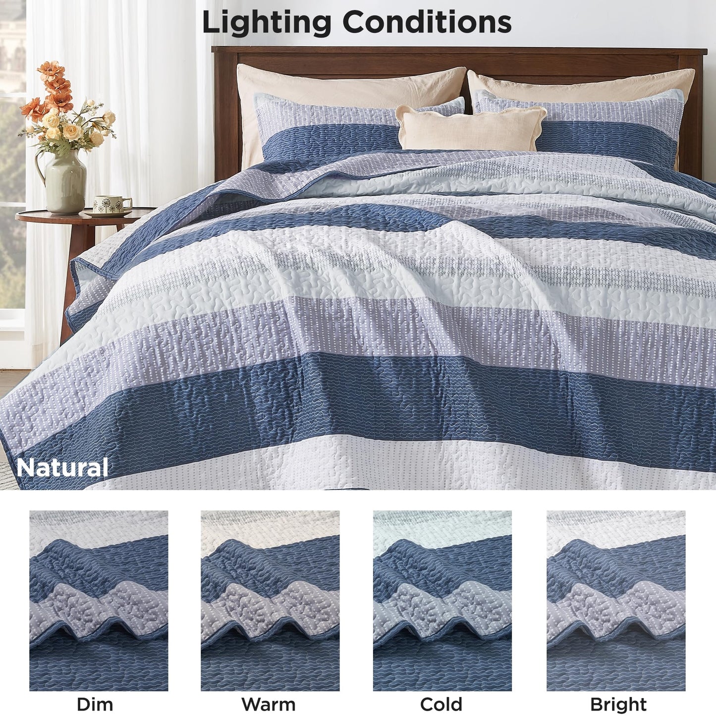 Andency Queen Quilt Bedding Set Mineral Blue, 3 Pieces Patchwork Summer Striped Ultra Soft Lightweight Bedspreads, Coverlets Set with 2 Pillow Shams for All Seasons (90"x96")