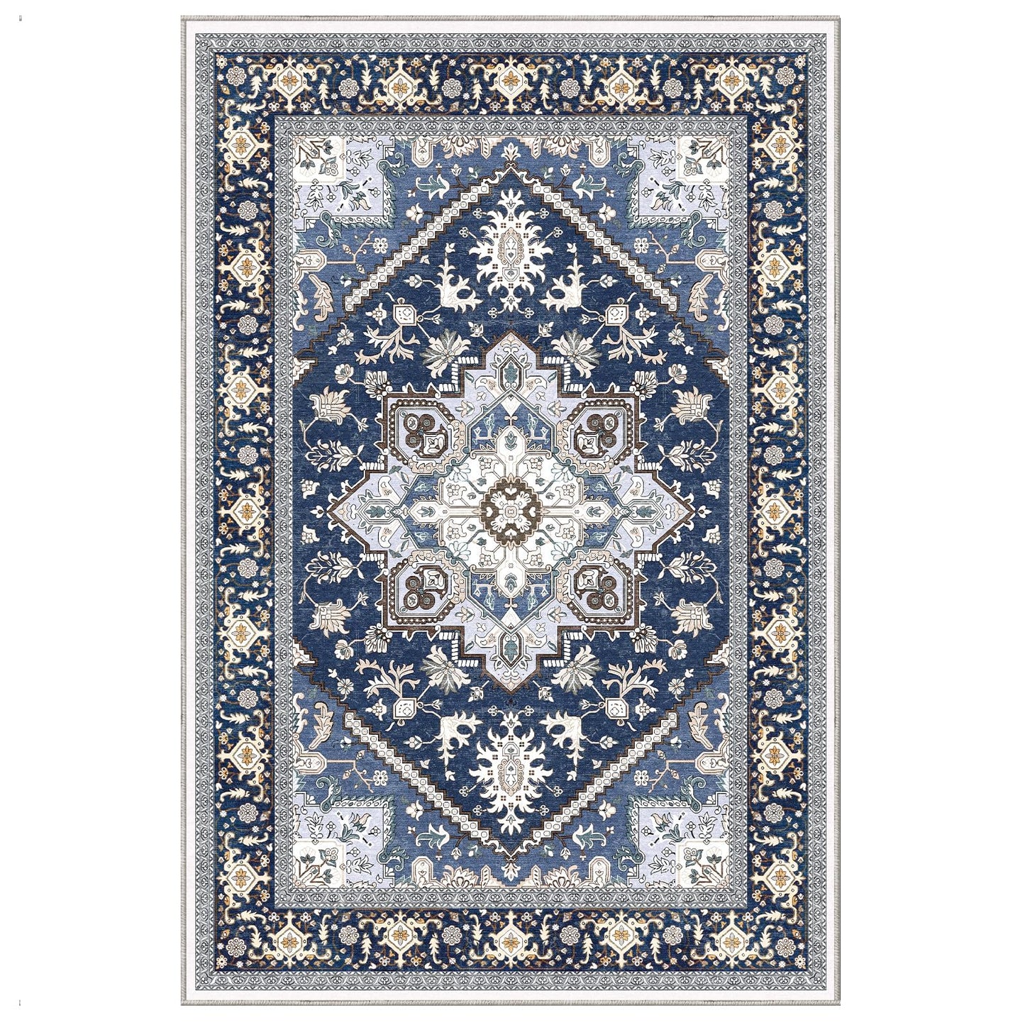 OPPODREAM Soft 6x9 Area Rugs, Washable Rug 6x9 with Non Slip Backing, Faux Cashmere Low-Pile 6 x 9 Carpet, Navy Blue & Gold