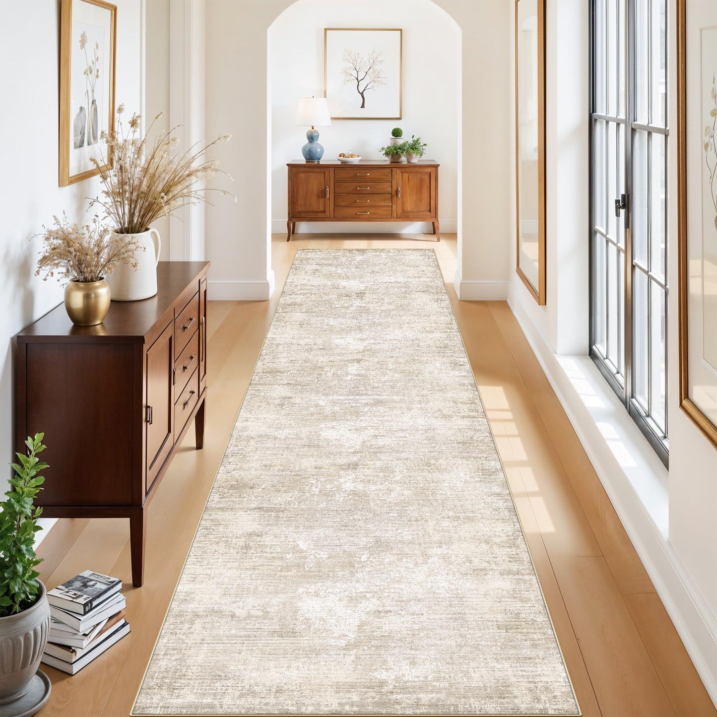 2'6x12 Hallway Washable Runner Rug - Kitchen Rugs Entryway Rug Runner Abstract Soft Floor Mat Non Slip Indoor Farmhouse Carpet for Bathroom Living Room Bedroom (2'6''x12', Beige)