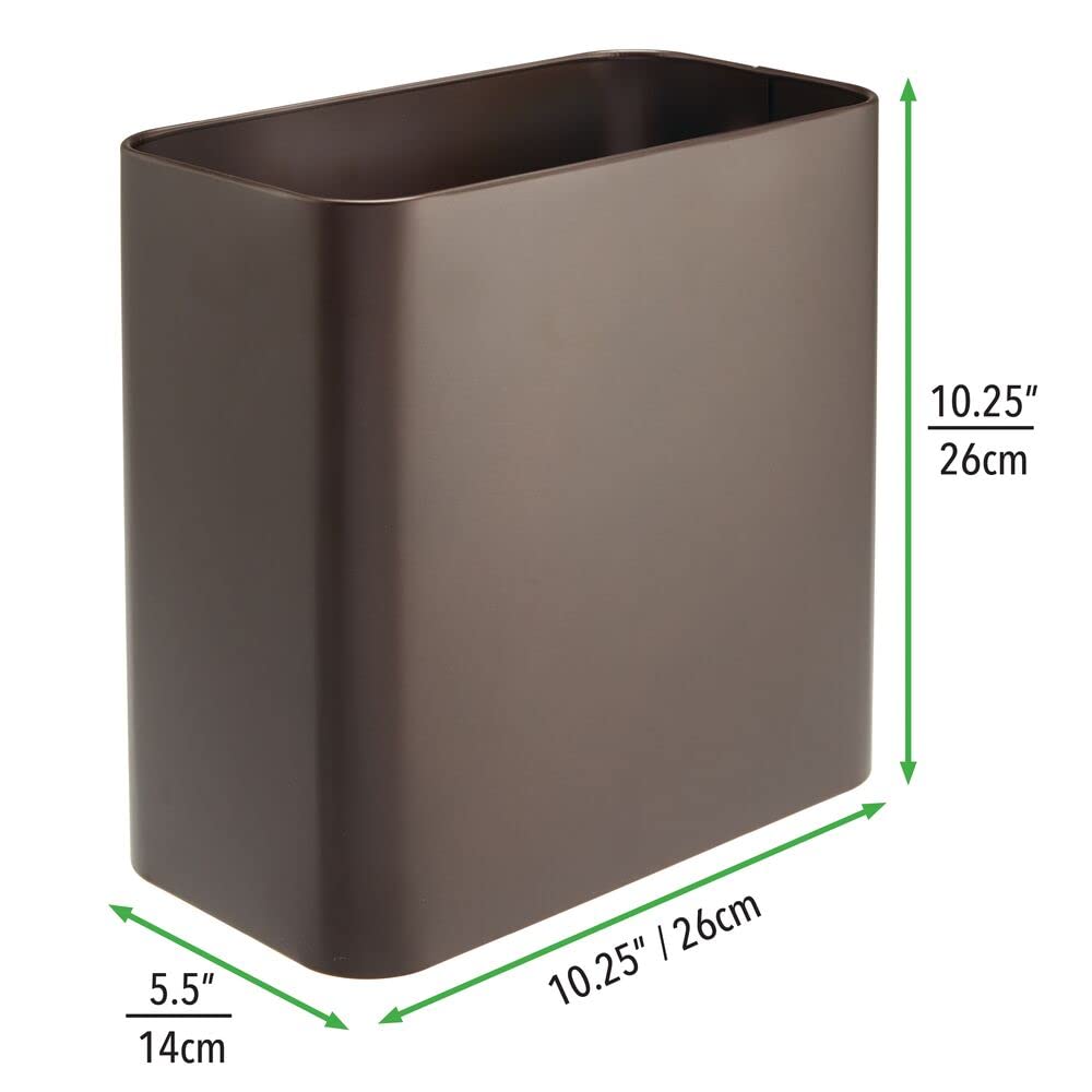 mDesign Small Metal 2.4 Gallon/9 Liter Trash Can Wastebasket Garbage Bin for Bathroom, Slim Rubbish Waste Bin Trashcans - Mirri Collection - Bronze