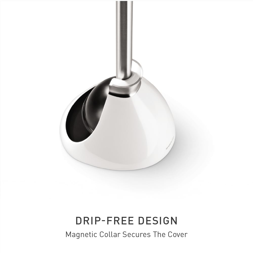 simplehuman Toilet Plunger with Holder, Toilet Plunger and Holder Set, Magnetic Drip-Free Cover, Narrow Flange for Modern Low-Flow Toilets, Hidden Dome Storage, Stainless Steel, White
