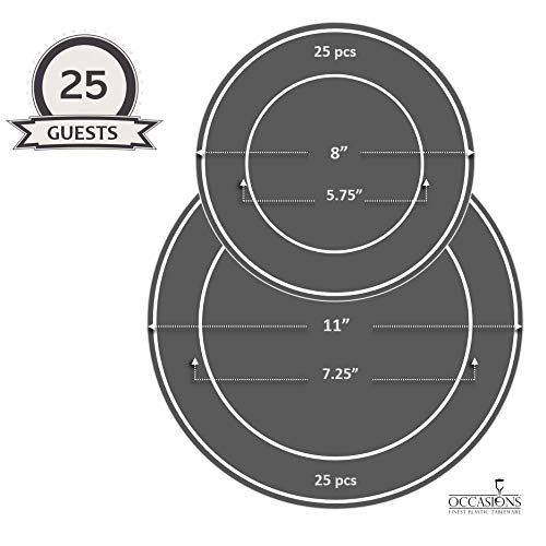 " OCCASIONS " 50 Plates Pack (25 Guests)-Extra Heavyweight Vintage Wedding Disposable/Reusable Plastic Plates -25 x 11'' Dinner + 25 x 8.25'' Salad/dessert (Chateau Collection Ivory)