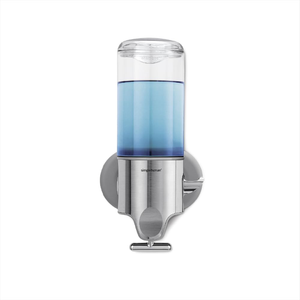 simplehuman Single Wall Mount Pump, Hotel-Grade Refillable Shower Soap Dispenser, Ergonomic T-Bar Lever, No-Drill Adhesive Install, for Bathrooms, Hotels, and Airbnbs, Stainless Steel