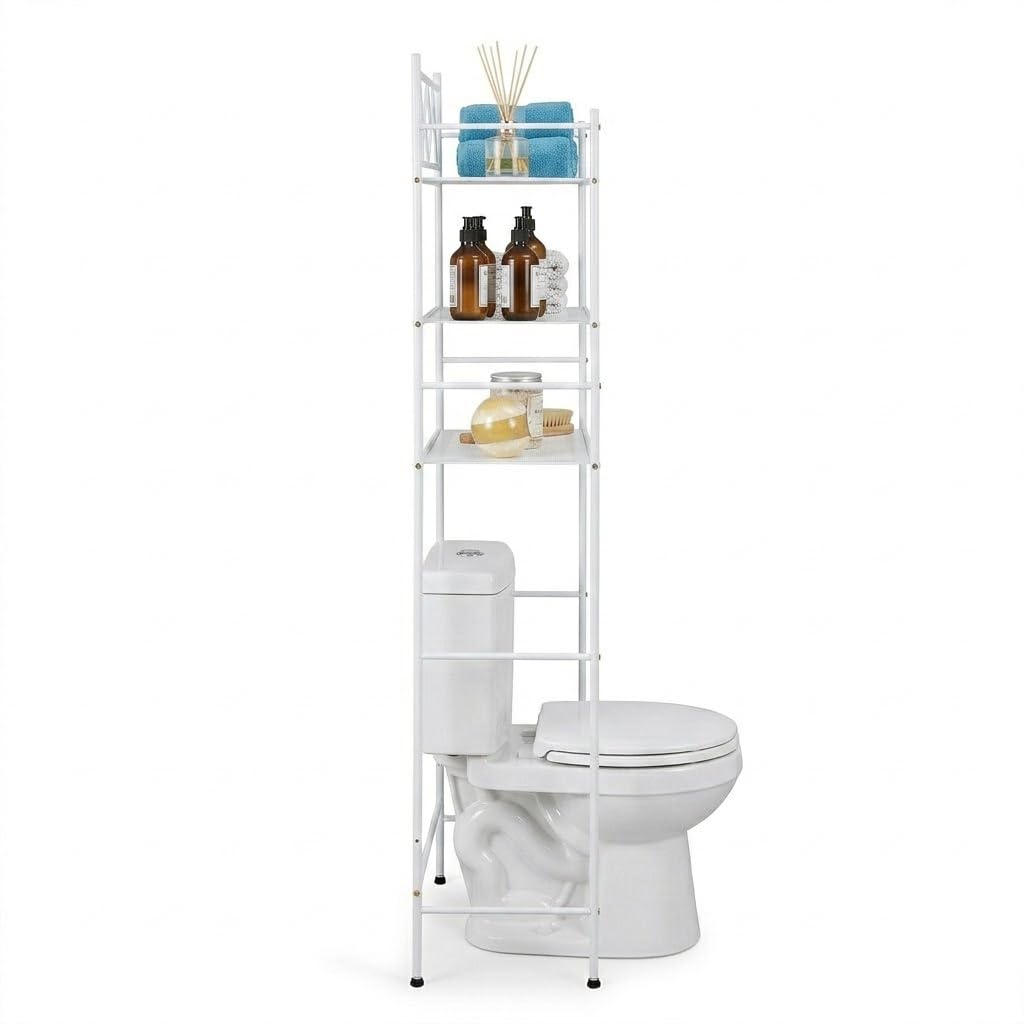 Home Zone Living Over-the-Toilet Bathroom Storage Organizer with 3-Tier Shelves and Adjustable Feet, Freestanding Steel Frame Design, White