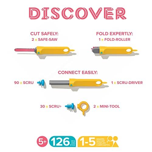 Makedo Discover | 126 Piece Cardboard Construction Toolbox for 1-5 Makers | STEM and STEAM Educational Toys for Kids | at Home Play + Classroom Learning | Reusable Tools for Boys and Girls Age 5+