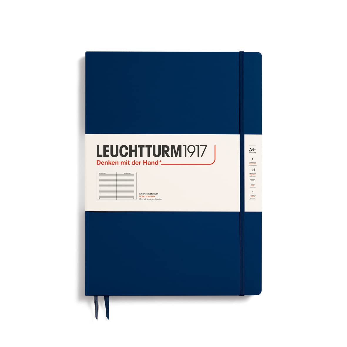 LEUCHTTURM1917 - Notebook Hardcover Master Slim A4+ - 123 Numbered Pages for Writing and Journaling (Navy, Ruled)