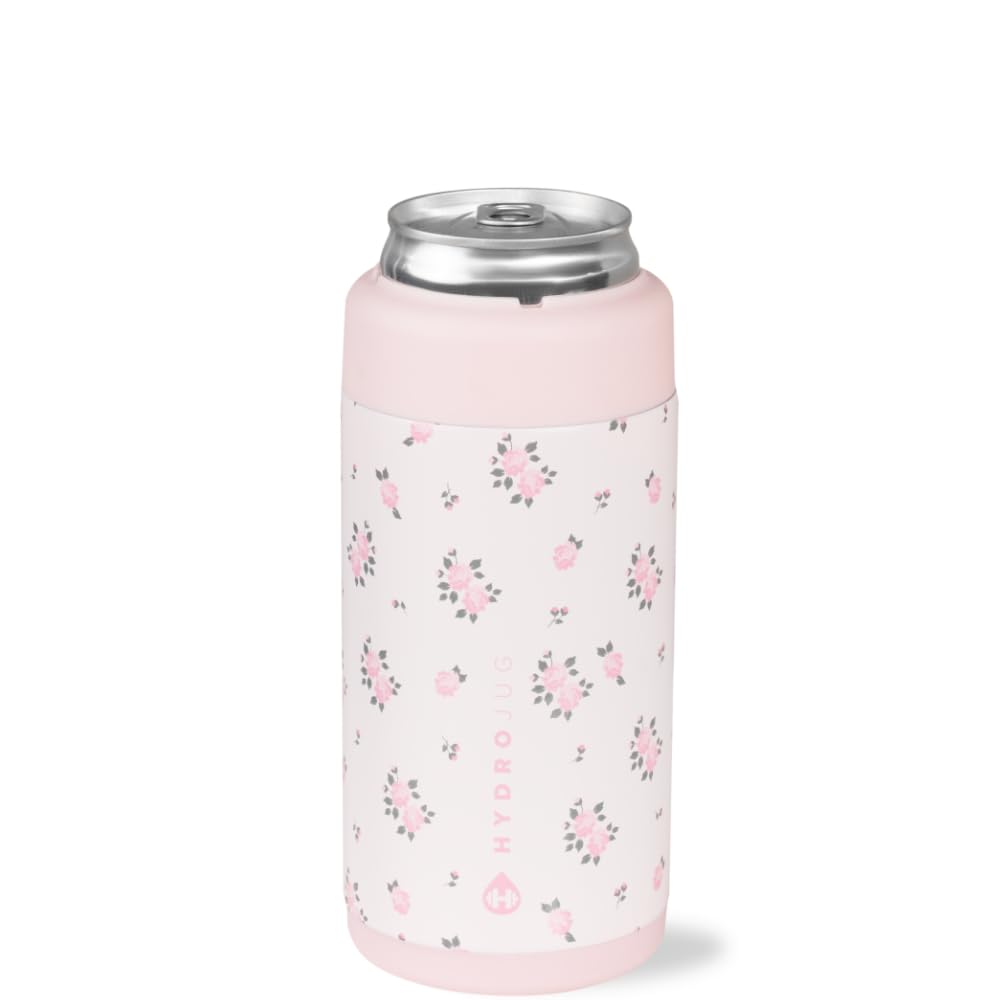 HydroJug Slim Can Cooler - 2-in-1 Insulated Can Cooler Cup - Stainless Steel Slim Can Holder with Non-Slip Rubber Base - Screw-Top Lid - Dishwasher Safe - 12oz, Wildrose