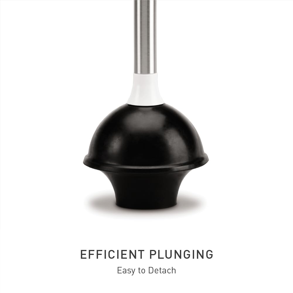 simplehuman Toilet Plunger with Holder, Toilet Plunger and Holder Set, Magnetic Drip-Free Cover, Narrow Flange for Modern Low-Flow Toilets, Hidden Dome Storage, Stainless Steel, White
