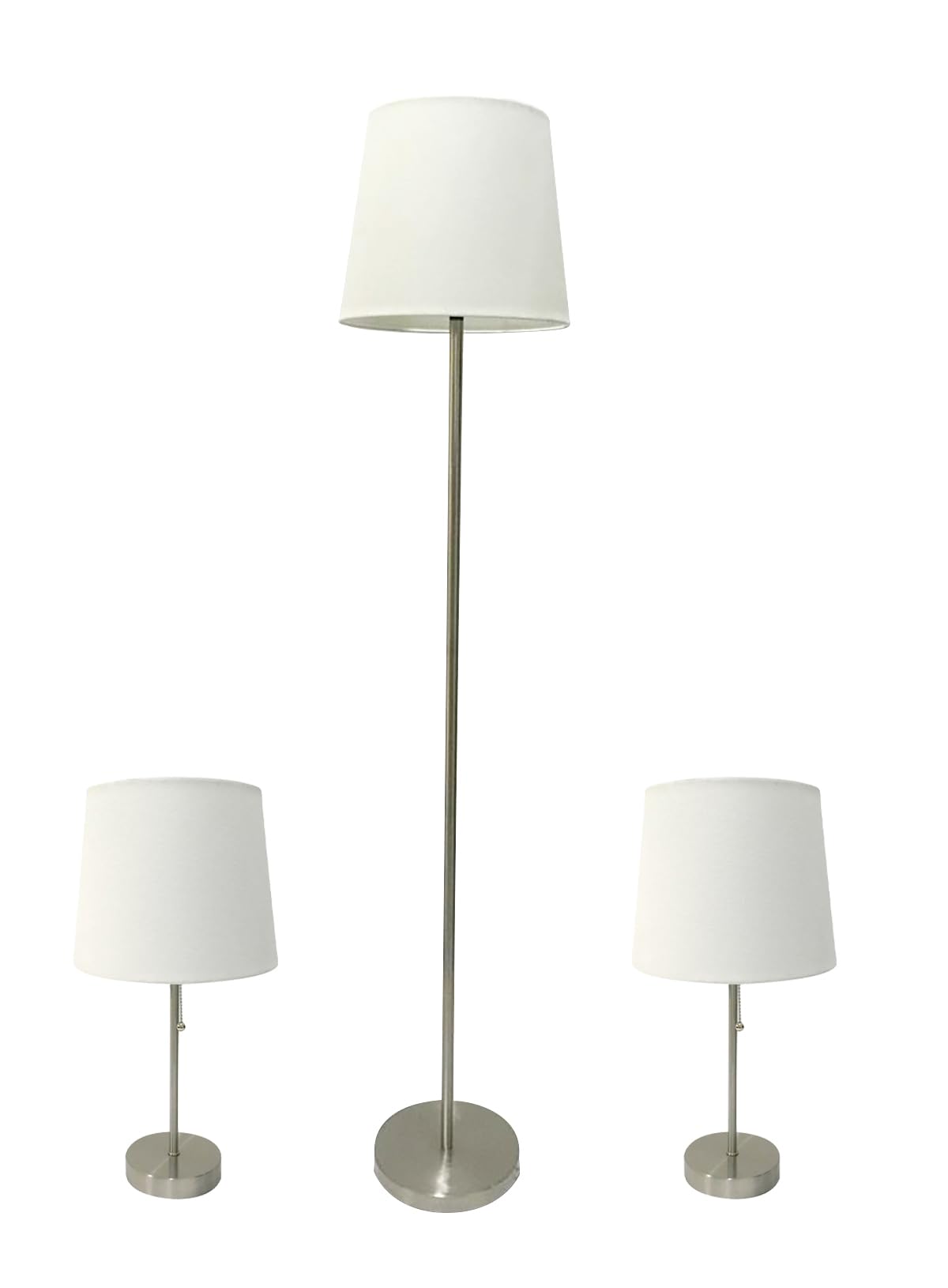 Litex Industries: Traditional Table 3 Piece Floor and Table Lamp Set in Brushed Nickel Metal & White UNO Shade